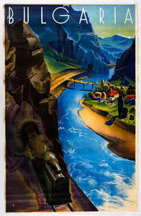 Original Travel Poster Bulgaria Art Deco: Original vintage Art Deco travel poster by Angel Tilov (1912-1972) featuring a colourful scenic painting depicting a steam train emerging from a rocky mountain tunnel in the foreground, the railway