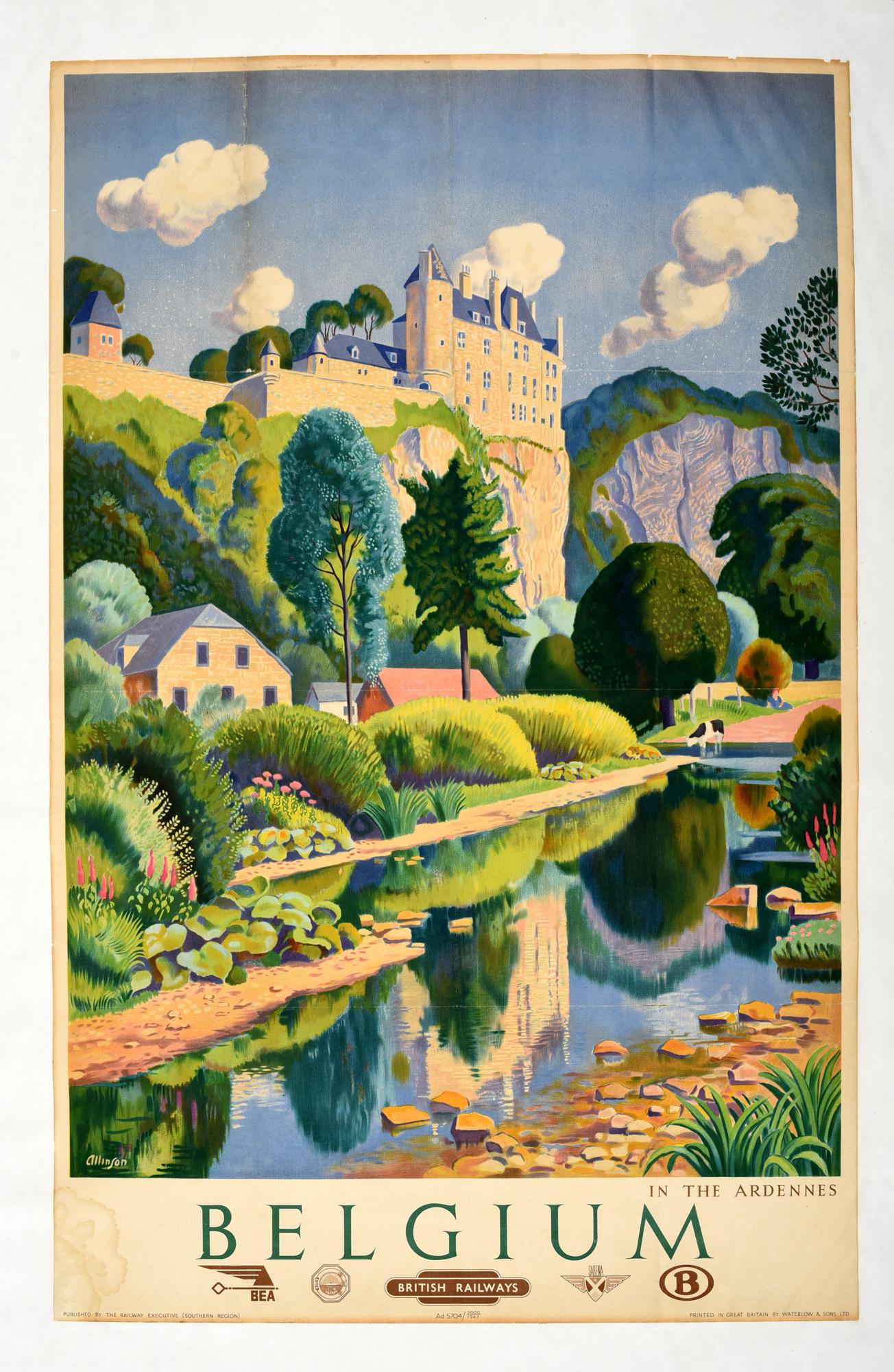Original Travel Poster Belgium Ardennes BEA British: Original vintage travel poster for Belgium - In the Ardennes issued in association with BEA, British Railways and Sabena - Great artwork by the painter and poster artist Adrian Allinson (1890-1959) de