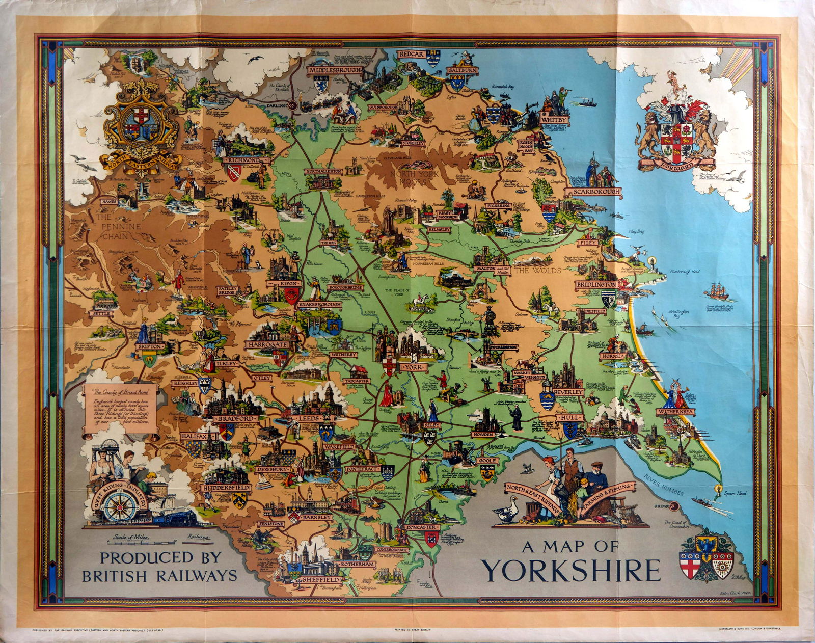 Original Travel Poster A Map of Yorkshire British: Original vintage travel poster A Map of Yorkshire issued by British Railways - Great illustrated map by Estra Clark (1904-1993) features a map of the English county Yorkshire with towns and cities coa