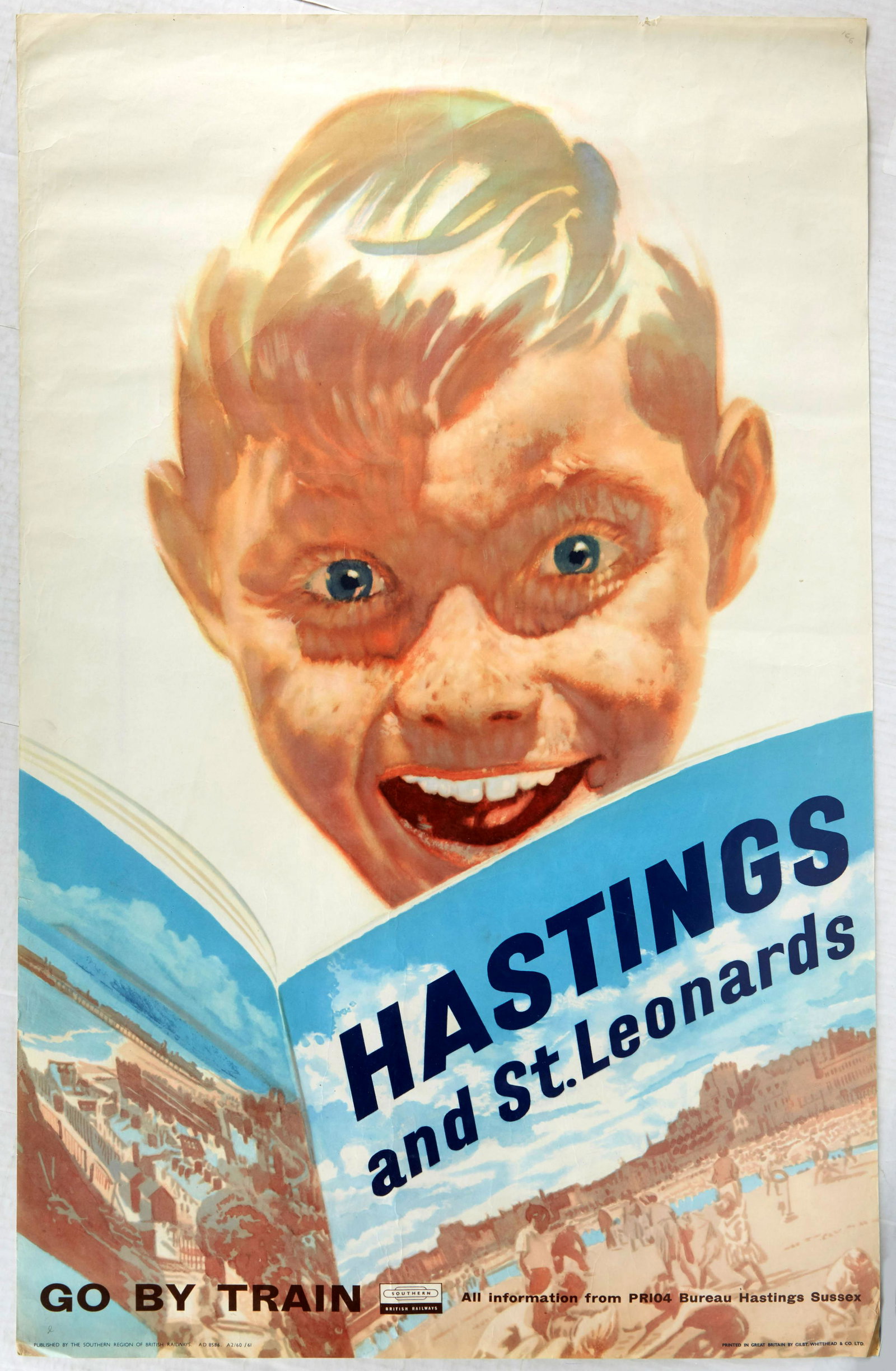Original Travel Poster Hastings St Leonards Southern: Original vintage travel poster Hastings and St Leonards Go by Train issued by Southern Railway featuring a great illustration of an excited boy looking at a travel guide magazine with a beach scene on