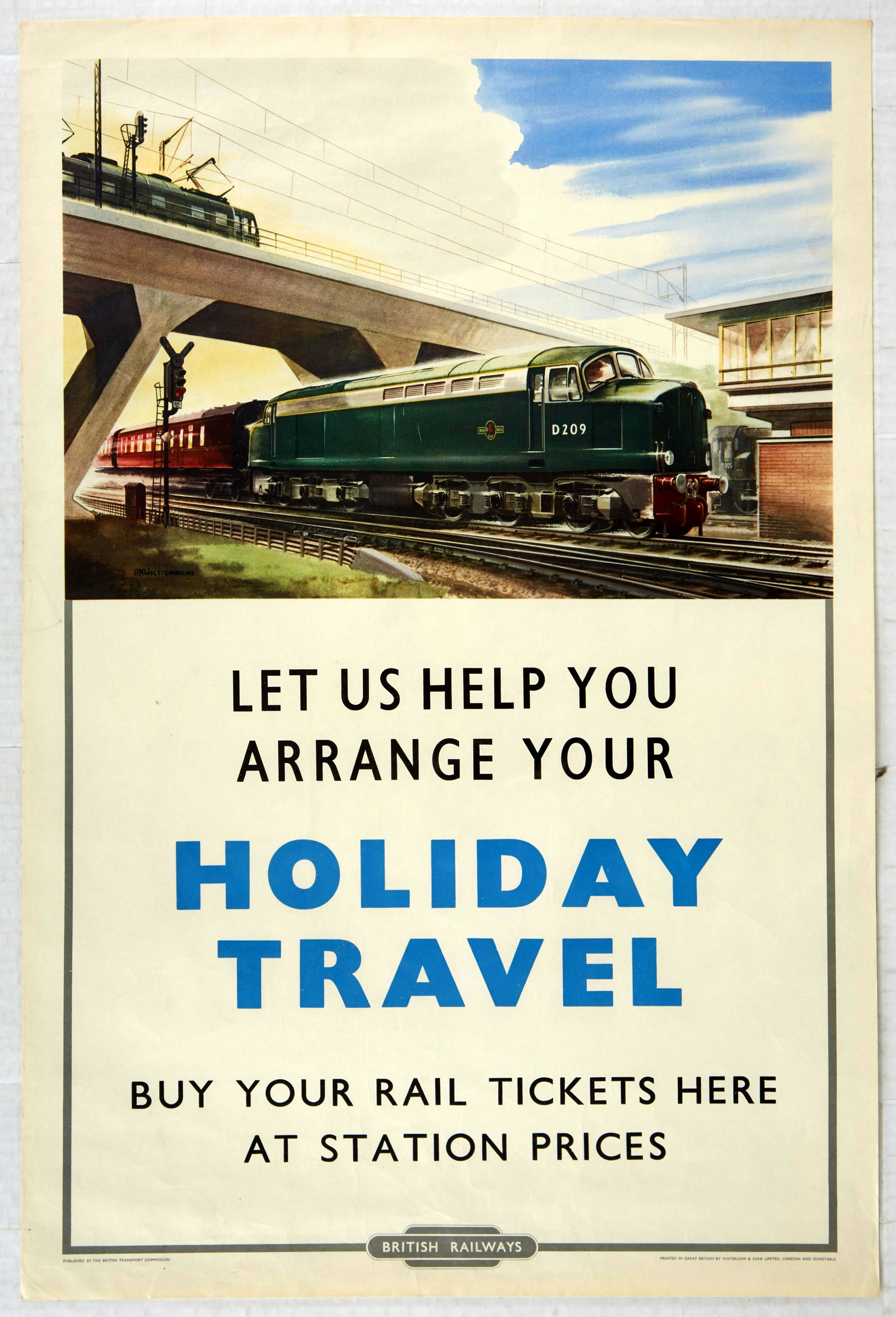 Original Travel Poster Holiday Travel Wolstenholme: Original vintage travel advertising poster issued by British Railways - Let Us Help You Arrange Your Holiday Travel - Great illustration by AN Wolstenholme depicts a green British Rail Class 40 D209 L