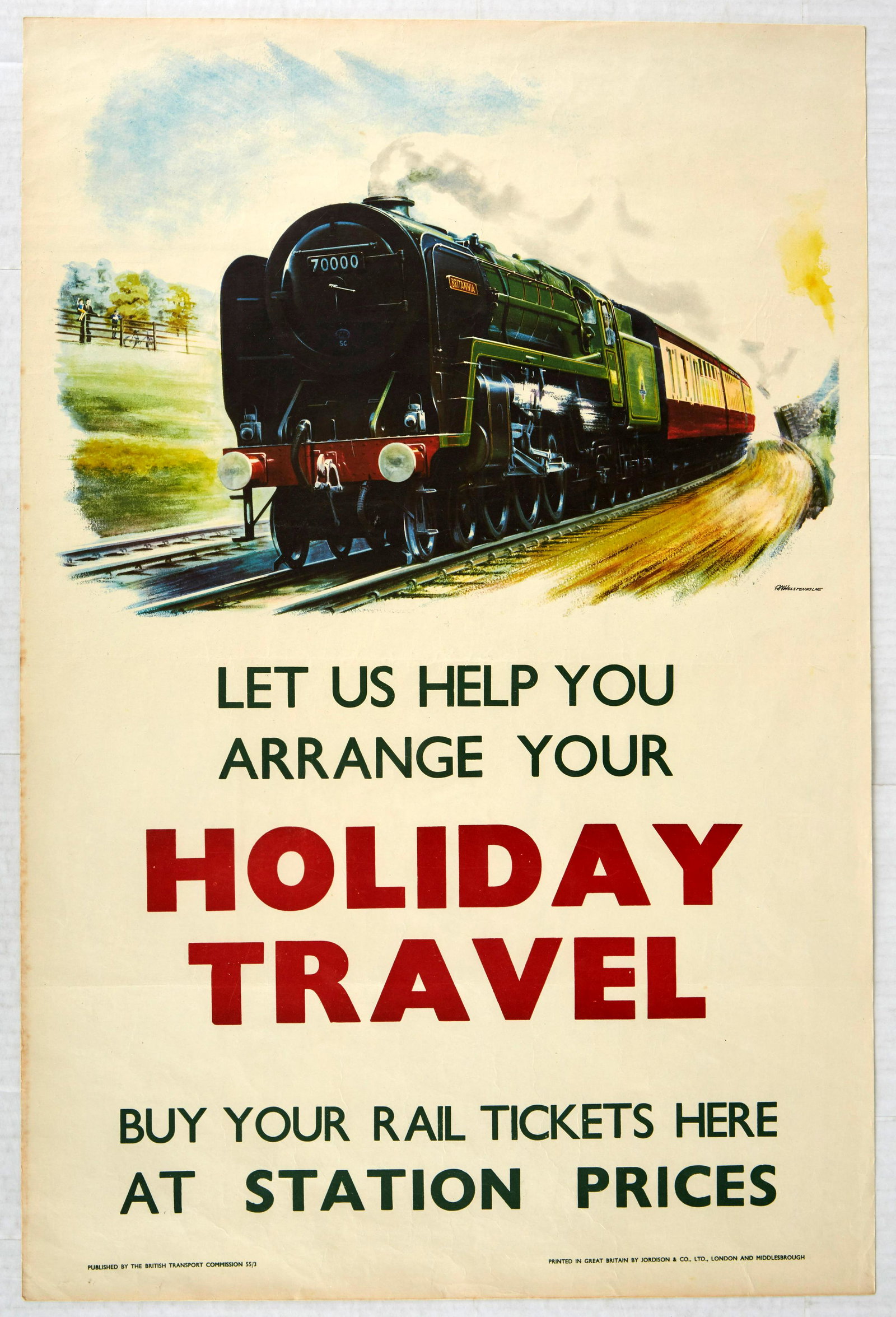 Original Travel Poster Holiday Travel Wolstenholme: Original vintage travel advertising poster issued by British Railways - Let Us Help You Arrange Your Holiday Travel - Great illustration by AN Wolstenholme depicts a British Railways Standard Class 7 