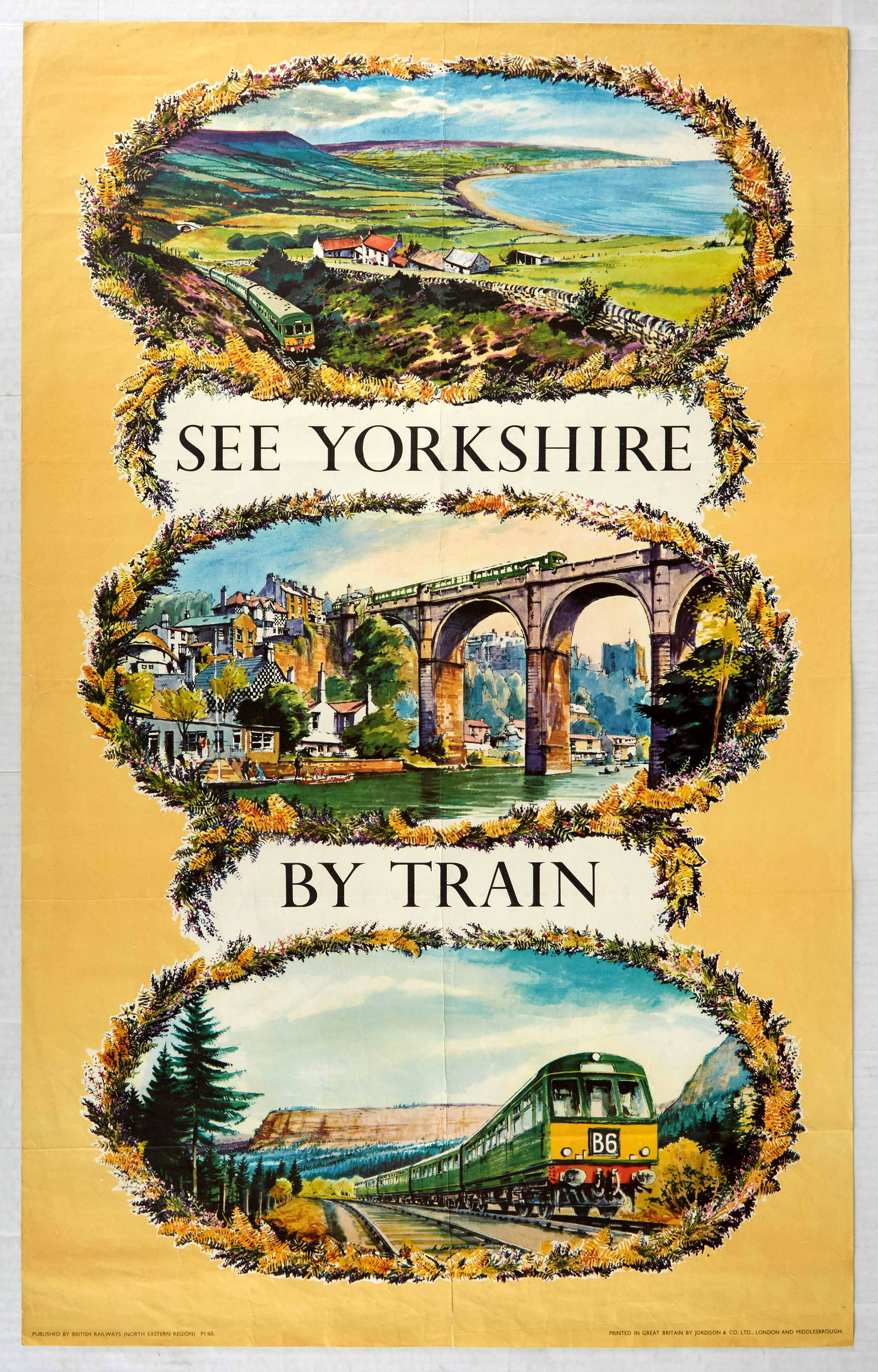 Original Travel Poster See Yorkshire by Train British: Original vintage travel poster See Yorkshire by Train featuring great artwork by Alan Carr Linford depicting three scenes framed by wreathes of foliage - A B6 train travelling over a viaduct in a york