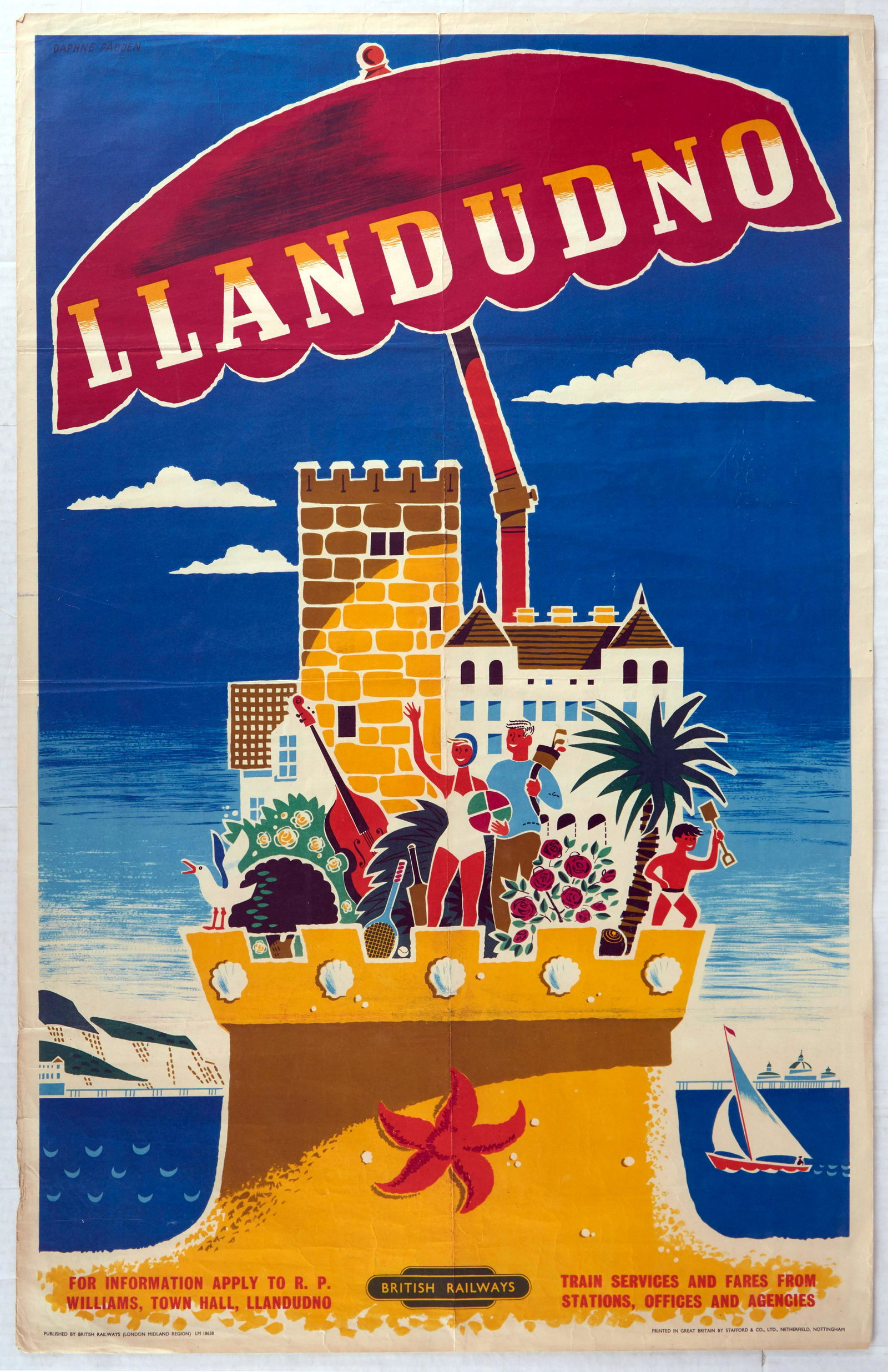 Original Travel Poster Llandudno British Railways: Original vintage travel poster for Llandudno issued by British Railways London Midland Region - Colourful fun design by Daphne Padden (1927-2009) depicts a large sand castle decorated with a starfish 