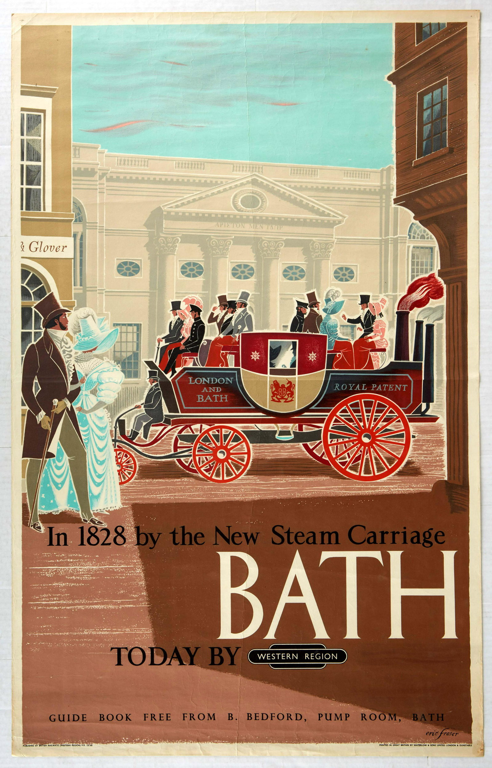 Original Travel Poster Bath Western Region British: Original vintage travel poster for Bath issued by British Railways Western Region - In 1828 by the new steam carriage Bath today by Western Region. Great design by Eric George Fraser (1902-1983) depic