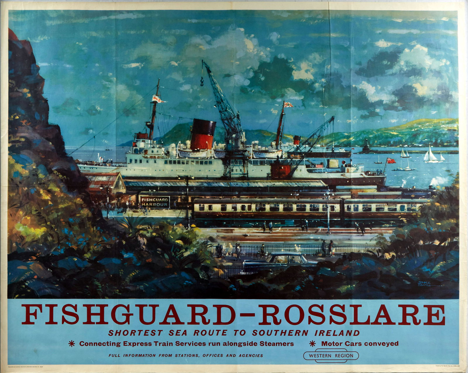 Original Travel Poster Fishguard Rosslare Ireland: Original vintage travel poster Fishguard-Rosslare - Shortest sea route to southern Ireland - Great artwork by John S Smith depicts Fishguard station with a large boat Steamer with a red and black funn