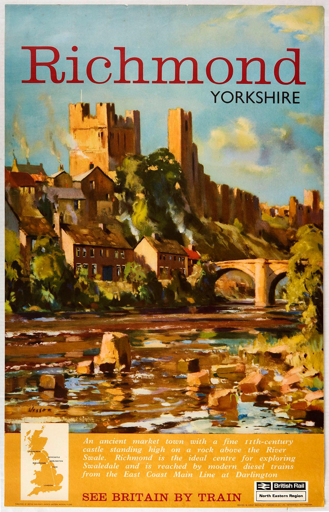 Original Travel Poster Richmond British Railways: Original vintage British Railways travel poster for Richmond in Yorkshire - Great artwork by Edward Wesson (1910 - 1983) depicts a picturesque scene of Richmond Castle towering over trees houses and a