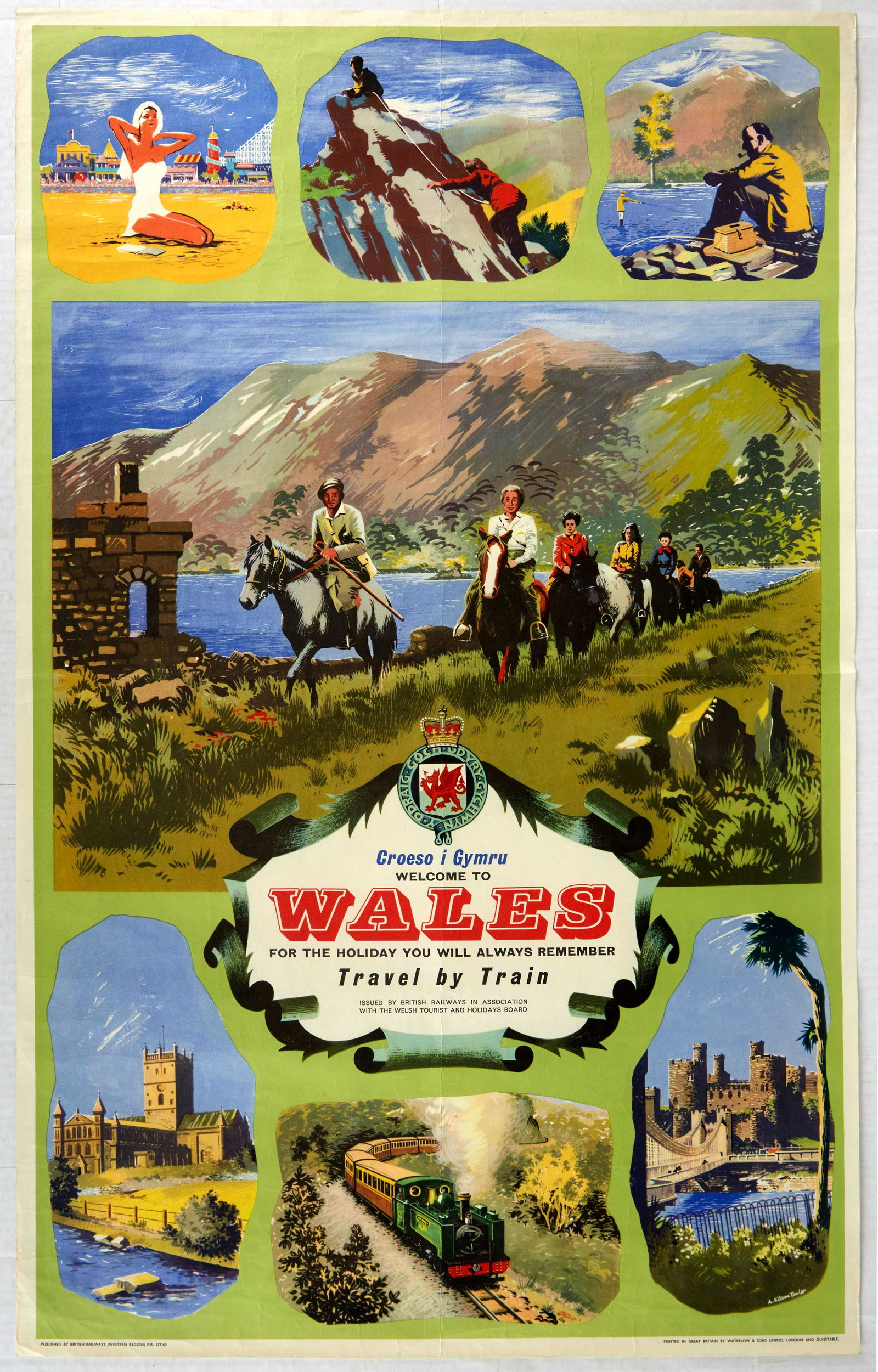 Original Travel Poster Wales British Railways Kitson: Original vintage travel poster Croeso i Gymru Welcome to Wales - For the Holiday You Will Always Remember - Travel by Train - Great artwork by A. Kitson Towler features a collage of multiple Welsh sce
