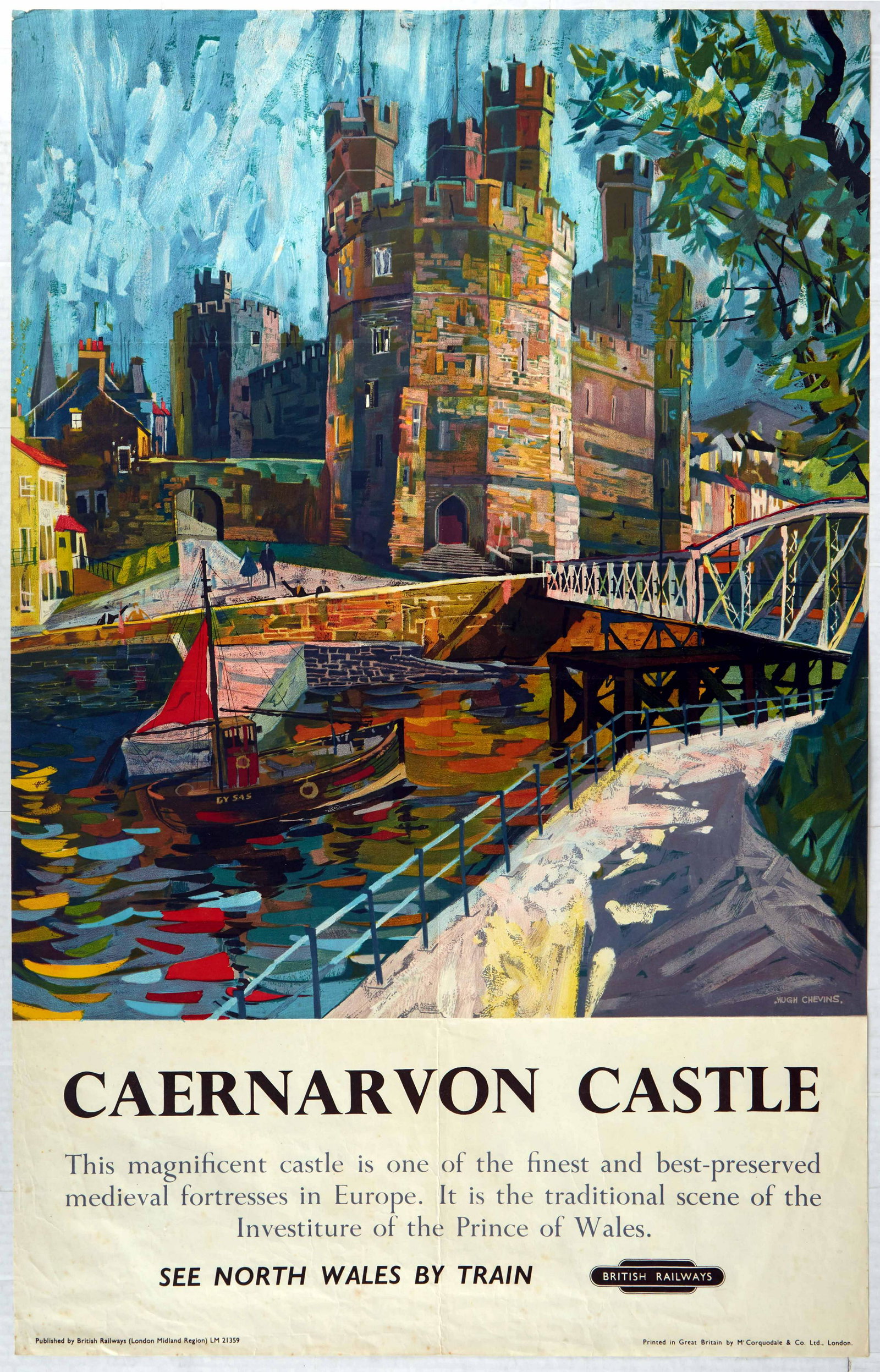 Original Travel Poster Caernarvon Castle British: Original vintage travel poster for Caernarvon Castle issued by British Railways London Midland Region - See North Wales by Train - This magnificent castle is one of the finest and best-preserved medie