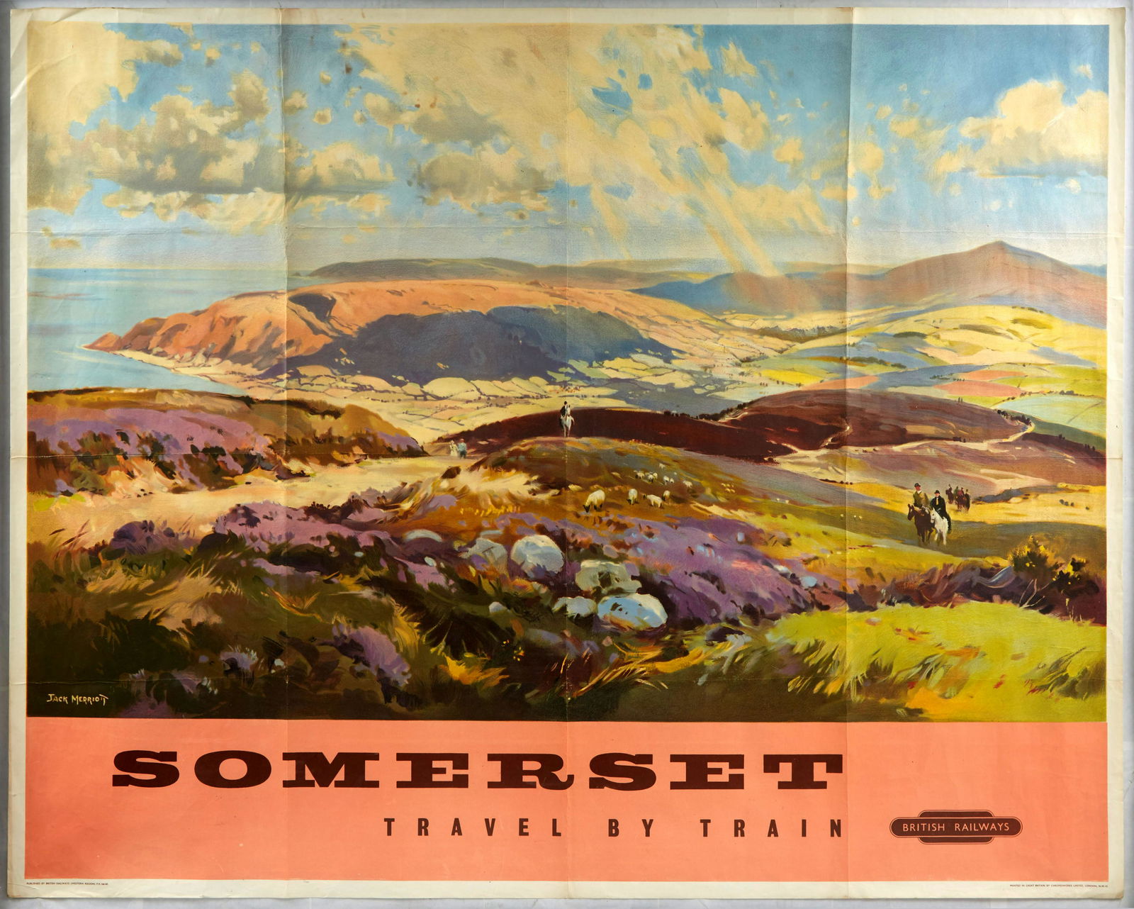 Original Travel Poster Somerset British Railways: Original vintage travel poster for Somerset Travel by Train published by British Railways featuring a painting by the British artist Jack Merriott (1901-1968) depicting horse riders walking on the sce