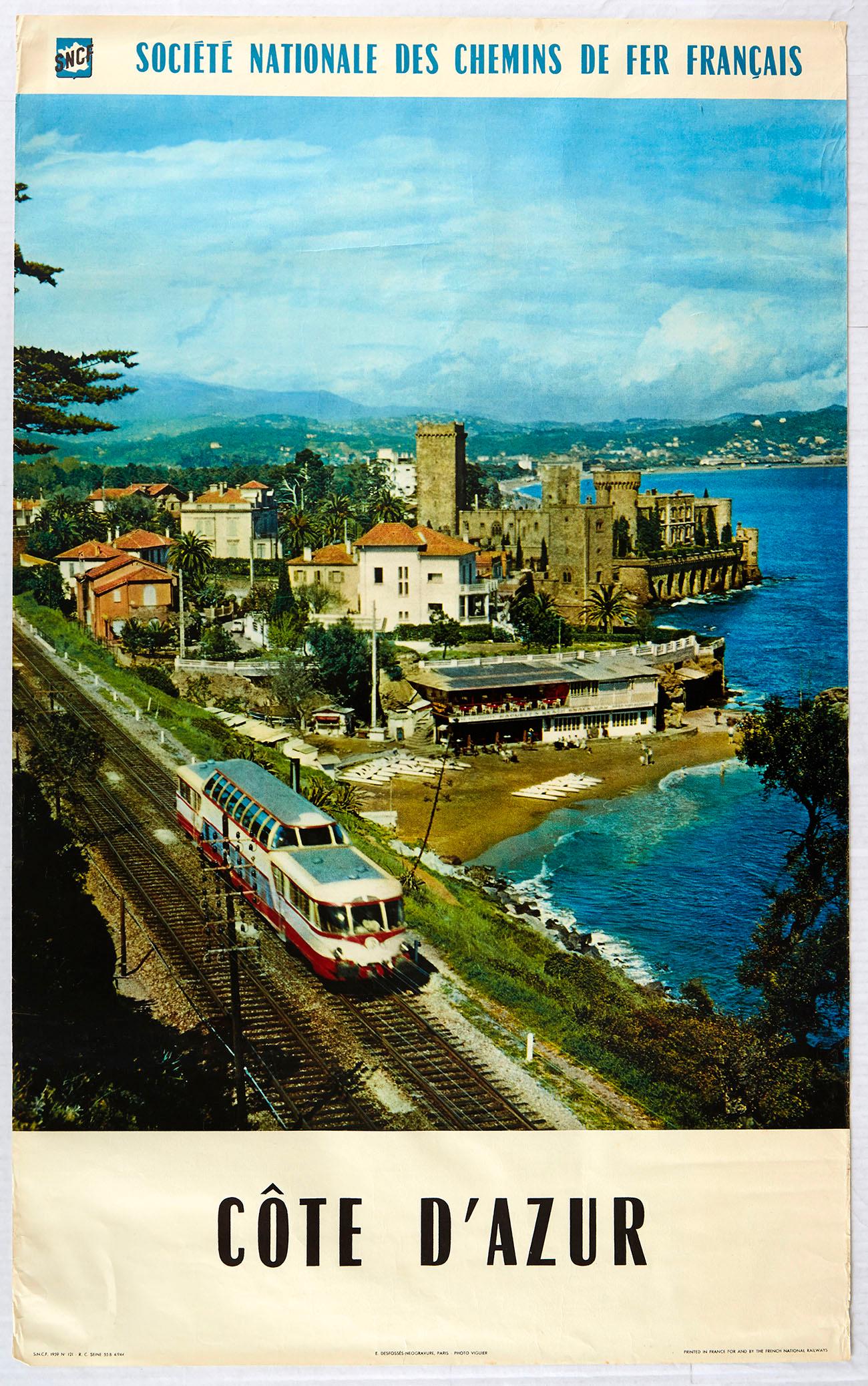 Original Travel Poster Cote D'Azur SNCF Railway: Original vintage travel poster promoting French Riviera as a destination. Issued by the French State Railways (SNCF), the poster shows panoramic single carriage train on the tracks by the coast with a