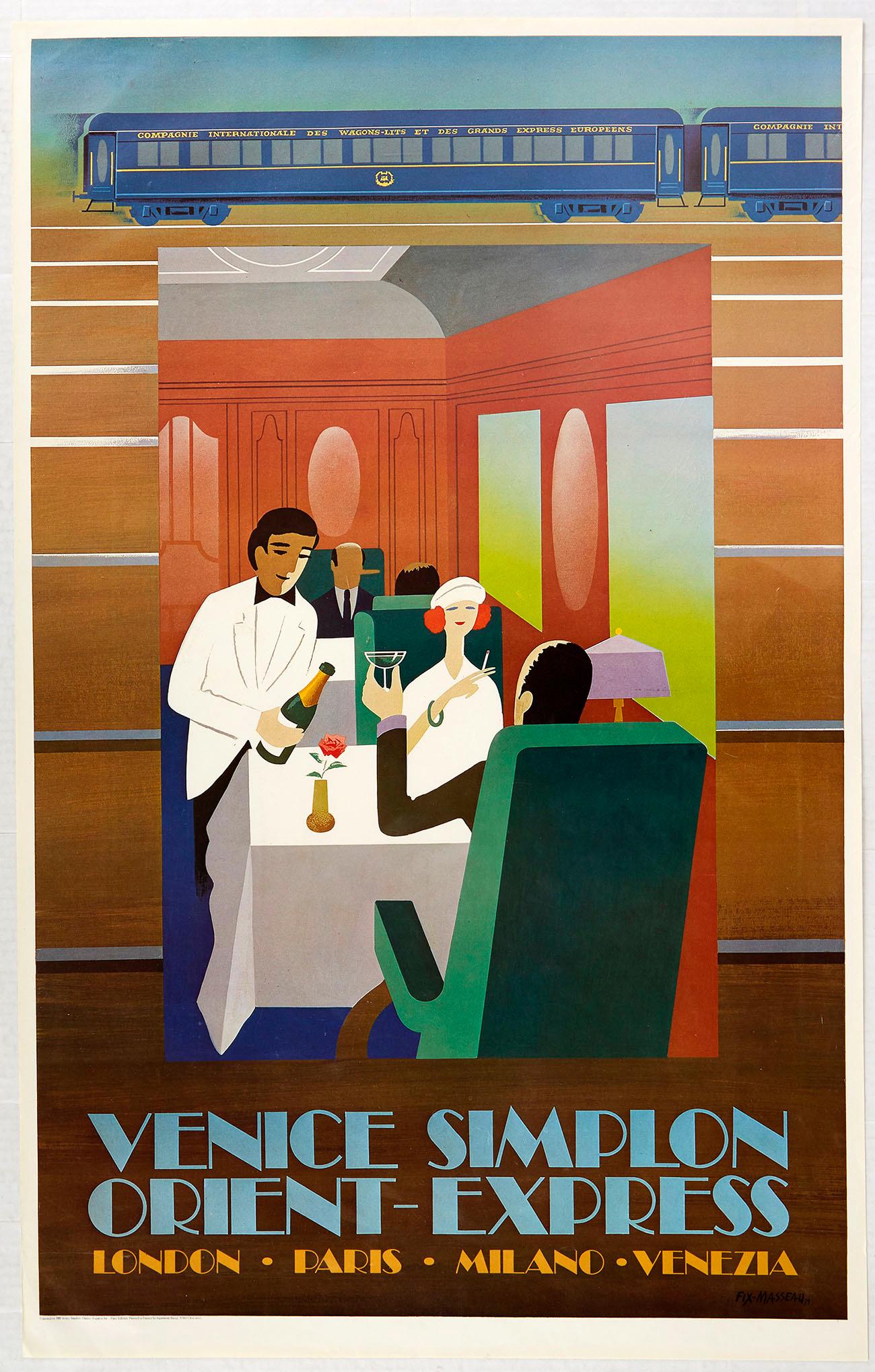 Original Travel Poster Venice Simplon Orient Express: Original vintage railway travel advertising poster for the Venice Simplon Orient Express London Paris Milano Venezia featuring an Art Deco style image of a couple enjoying a glass of champagne in a re