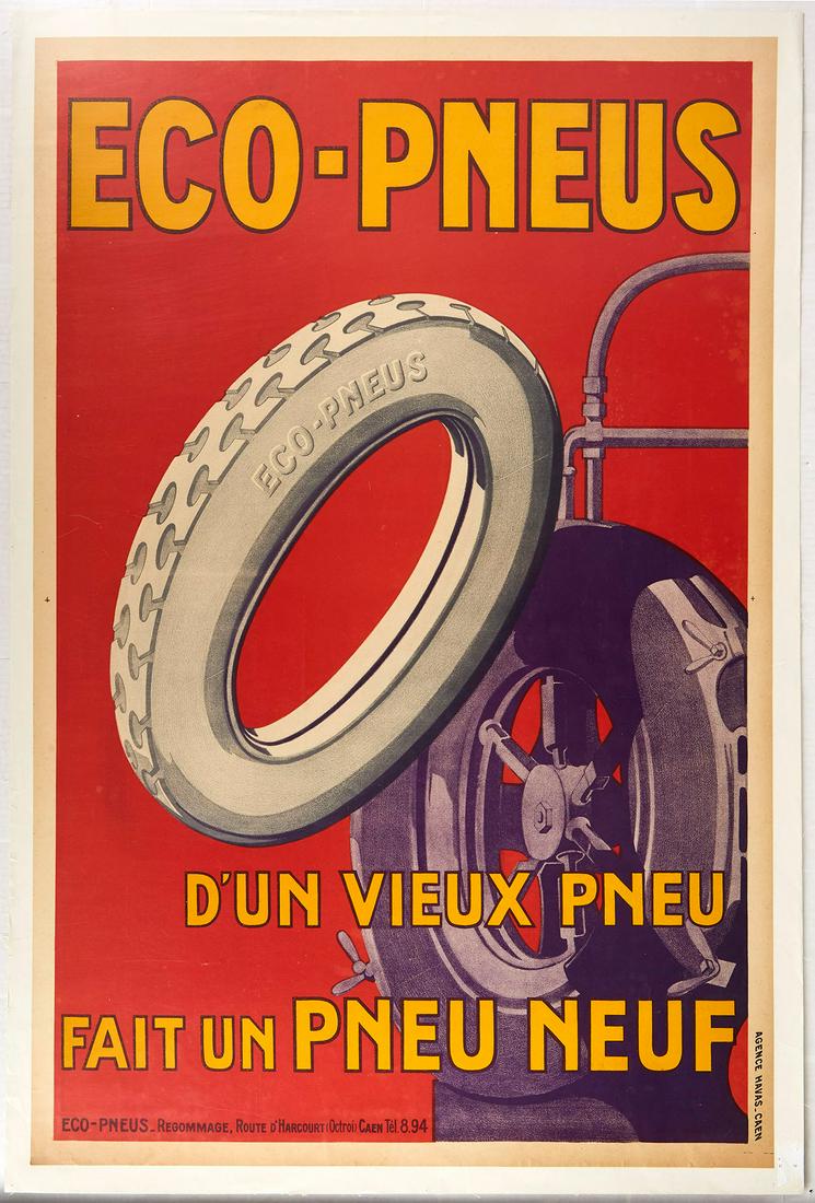 Original Advertising Poster Eco Pneu Tyres France Tires: Original vintage advertising poster Eco-Pneu, D'un vieux pneu fait un pneu neuf / Eco-Tire, From an old tire makes a new tire - Bold colourful artwork features an Eco-Pneu tyre on a red background, al