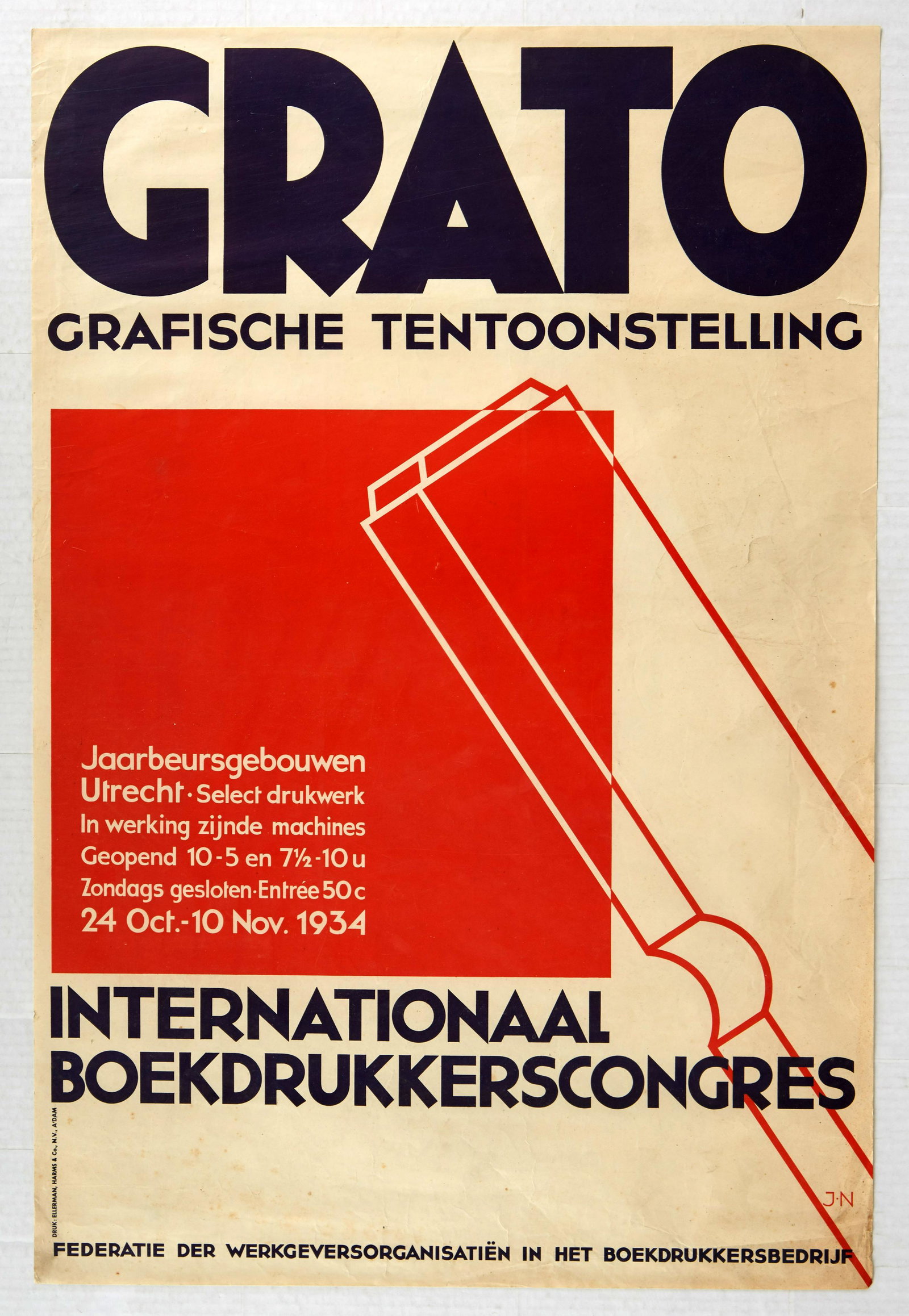 Original Advertising Poster Grato Graphic Exhibition: Original vintage advertising poster for the Grato graphic exhibition of the International Book Printing Congress held in Utrecht, Netherlands from 24 October to 10 November, 1934 and organised by the 