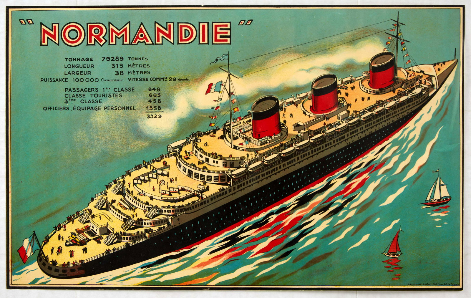 Original Advertising Poster SS Normandie French Line: Original vintage advertising poster for the steam ship SS Normandie, a French ocean liner built in Saint-Nazaire, France, for the French Line Compagnie Generale Transatlantique (CGT). She entered serv