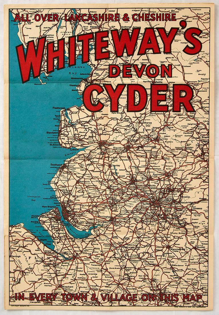 Original Advertising Poster Whiteways Devon Cyder Devon: Original vintage advertising poster issued by the Whiteways Devon Cyder all over Lancashire and Cheshire, in every town and village on this map. Poster features a map of Lancashire and Cheshire. The W