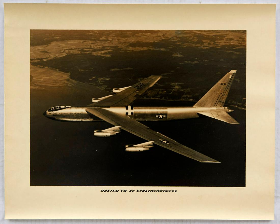Original Advertising Poster Boeing Y-B52 Stratofortress: Original vintage poster featuring a photograph of a Boeing Y-B52 Stratofortress plane flying over water with land visible in the distance, the United States Air Force USAF letters and the star and str