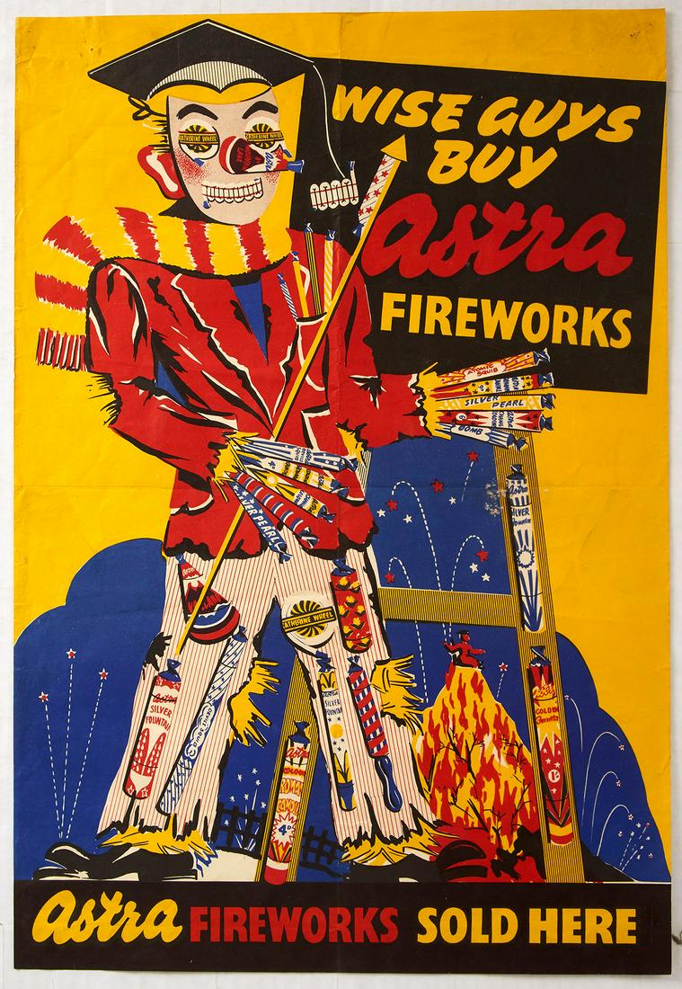 Original Advertising Poster Wise Guys Buy Astra: Original vintage advertising poster: Wise Guys Buy Astra Fireworks in Kent. Astra Fireworks were original based in Bromley, Kent starting in 1946 and sold fireworks until 1996. It then became a brand 