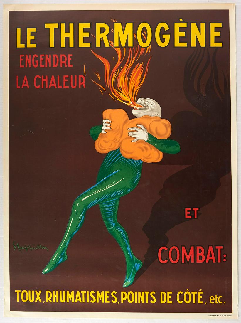 Original Advertising Poster Le Thermogene Leonetto: Original vintage 1950s reissue of original 1909 design for an advertising poster Le Thermogene by the renowned poster artist, Leonetto Cappiello (1875-1942): Le Thermogene engendre la chaleur et comba
