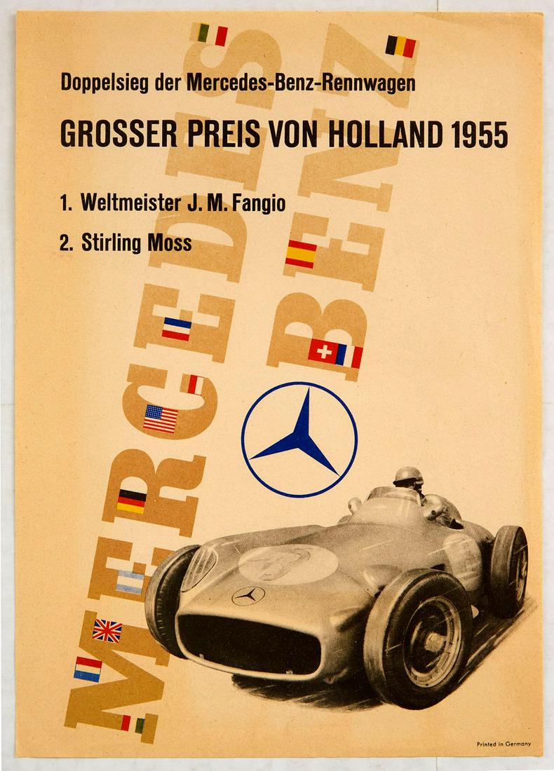 Original Advertising Poster Mercedes Benz Holland Grand: Original vintage poster advertising Mercedes Benz victory in Holland Grand Prix in 1955. The 1955 Dutch Grand Prix was a Formula One motor race held at Zandvoort on June 19, 1955. It was race 5 of 7 i