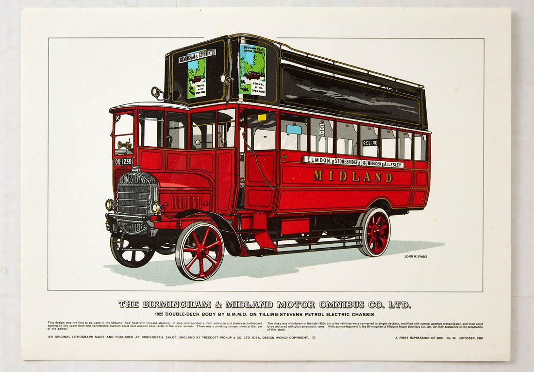 Original Advertising Poster The Birmingham and Midland: Original vintage limited edition lithograph poster, printed in edition of 2,000, this copy is number 2. Features a double decker bus marked Birmingham & Coventry over a poster advertisement for Travel