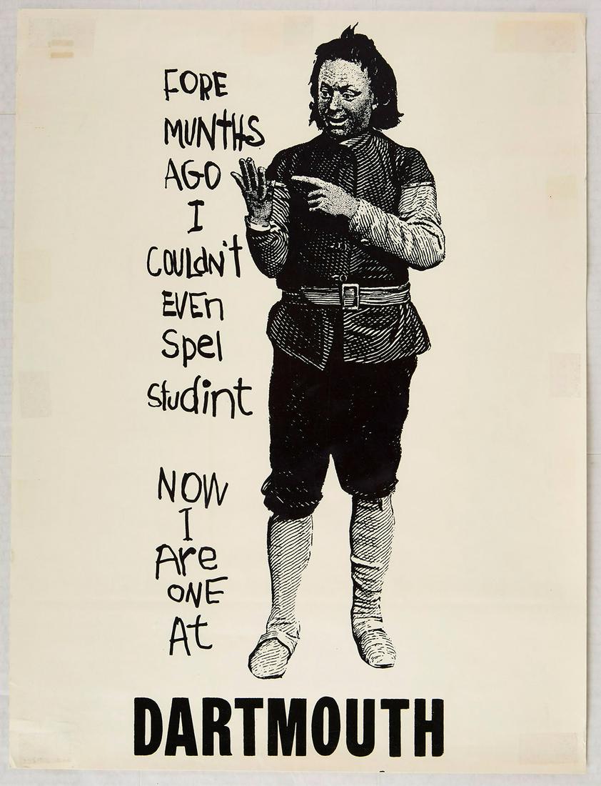 Original Advertising Poster Dartmouth College Student: Original vintage commercially issued advertising poster sold at Dartmouth College featuring a bold black and white illustration of a young person counting their fingers next to the misspelled quote - 