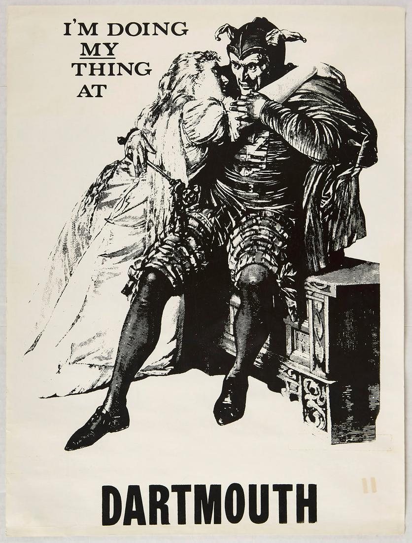 Original Advertising Poster I'm Doing My Thing at: Original vintage commercially issued advertising poster sold at Dartmouth College featuring a bold black and white illustration of a woman draped over a man wearing a cape and a horned jesters hat alo