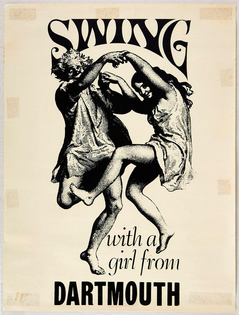 Original Advertising Poster Swing with a Girl from: Original vintage commercially issued advertising poster sold at Dartmouth College featuring a bold black and white illustration of a man and a lady dancing alongside the quote Swing with a Girl from D