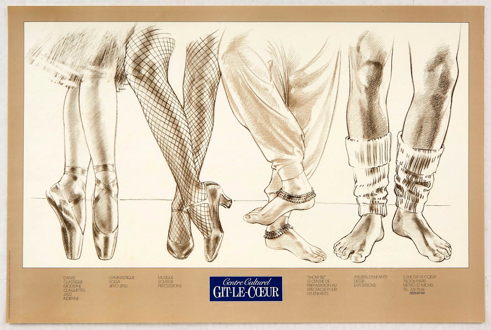 Original Advertising Poster Dance School Feet Ballet: Original vintage advertising poster for a dance school at Centre Culturel Git-Le-Coeur in Paris France. The image is an elegant illustration of feet in various outfits for different styles of dance ra