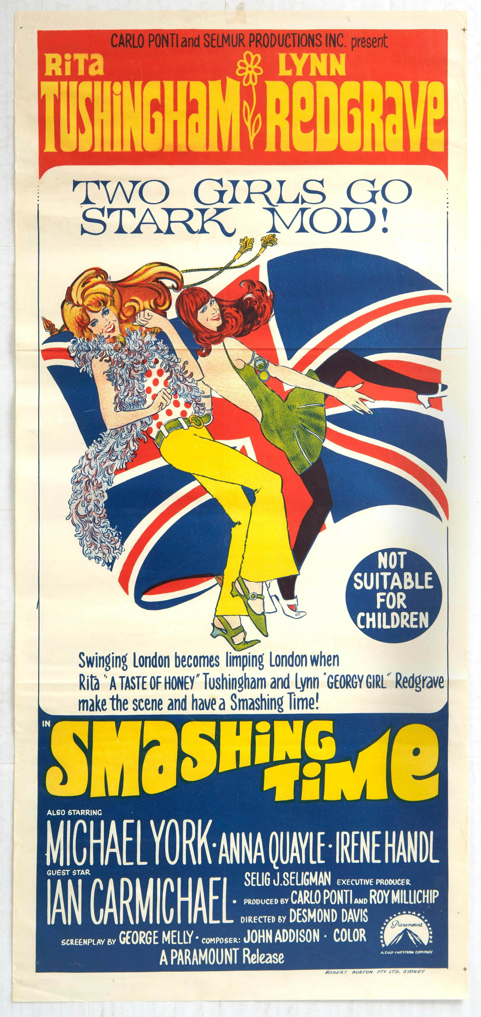 Original Cinema Poster Smashing Time: Original vintage movie poster for 1967 film Smashing Time - Two Girls go Stark Mod! Swinging London becomes limping London when Rita 'A Taste of Honey' Tushingham and Lynn 'Georgy Girl' Redgrave make 