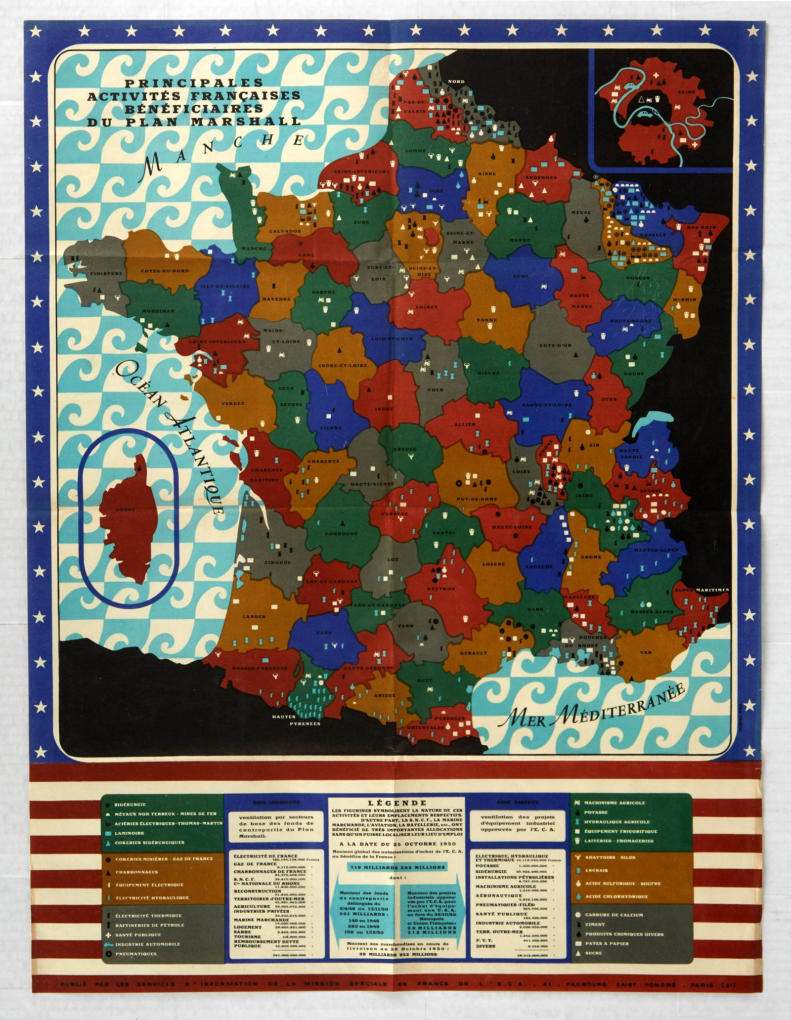 Original Propaganda Poster France Map Marshall Plans: Original vintage propaganda poster for 'Main French activities benefiting from the Marshall Plan.', published by the Information Services of the Special Mission in France. The Marshall Plan (officiall