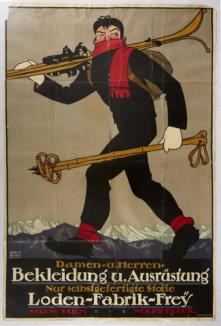 Original Sport Poster Ski Equipment Clothing Munich: Original antique advertising poster issued by Loden Fabrik Frey in Munich to promote their range of ski clothing and equipment. Rare early skiing related poster showing a well wrapped-up skier carryin