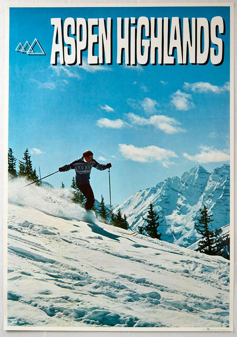 Original Sport Poster Aspen Highlands: Original vintage ski travel poster advertising Aspen Higlands resort. Great image of a skier carving the snow. Aspen Highlands is a skiing mountain in Aspen, Colorado. It is famous for the Highland Bo