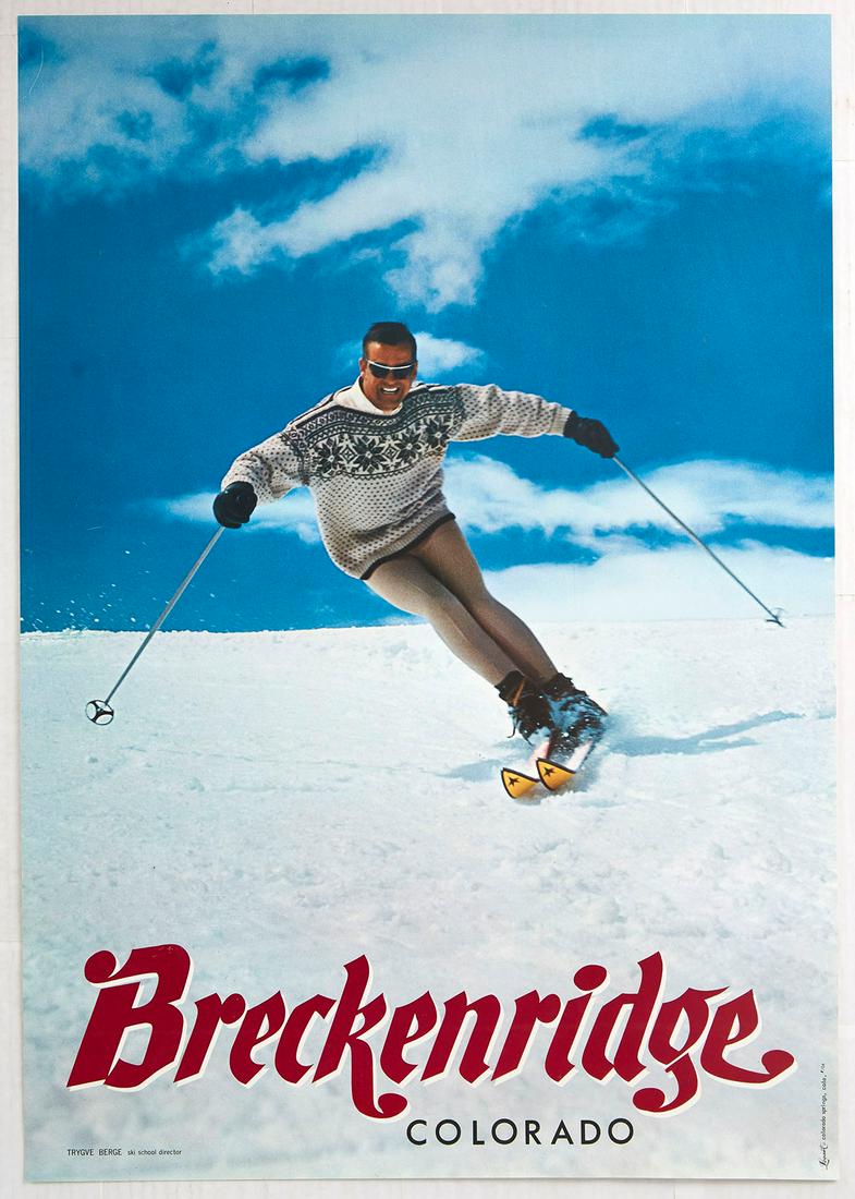 Original Sport Poster Breckenridge Colorado: Original vintage ski travel poster for Breckenridge Colorado featuring a great image of a pan in a patterned woollen jumper and sunglasses skiing down a snowy slope. Stylised red lettering below. Brec