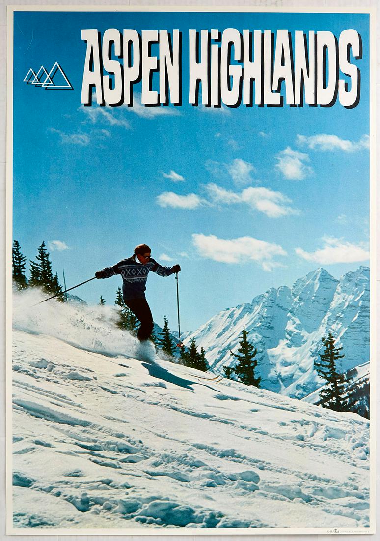 Original Sport Poster Aspen Highlands USA Ski Skiing: Original vintage ski travel poster advertising Aspen Higlands resort. Great image of a skier carving the snow. Aspen Highlands is a skiing mountain in Aspen, Colorado. It is famous for the Highland Bo