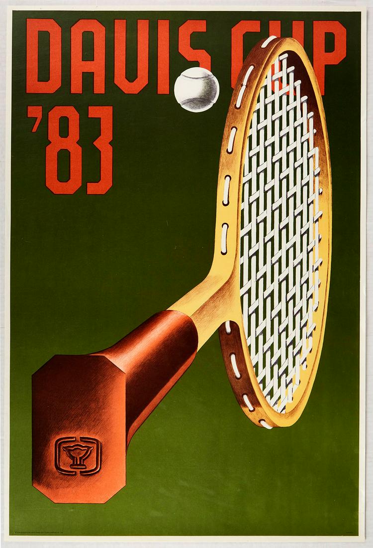 Original Sport Poster Tennis David Cup 1983: Original vintage sport poster for the 1983 Davis Cup. Printed by Malght, Paris. Great image of a tennis racket and ball by the German artist Konrad Klapheck (b 1935). The 1983 Davis cup was the 72nd e