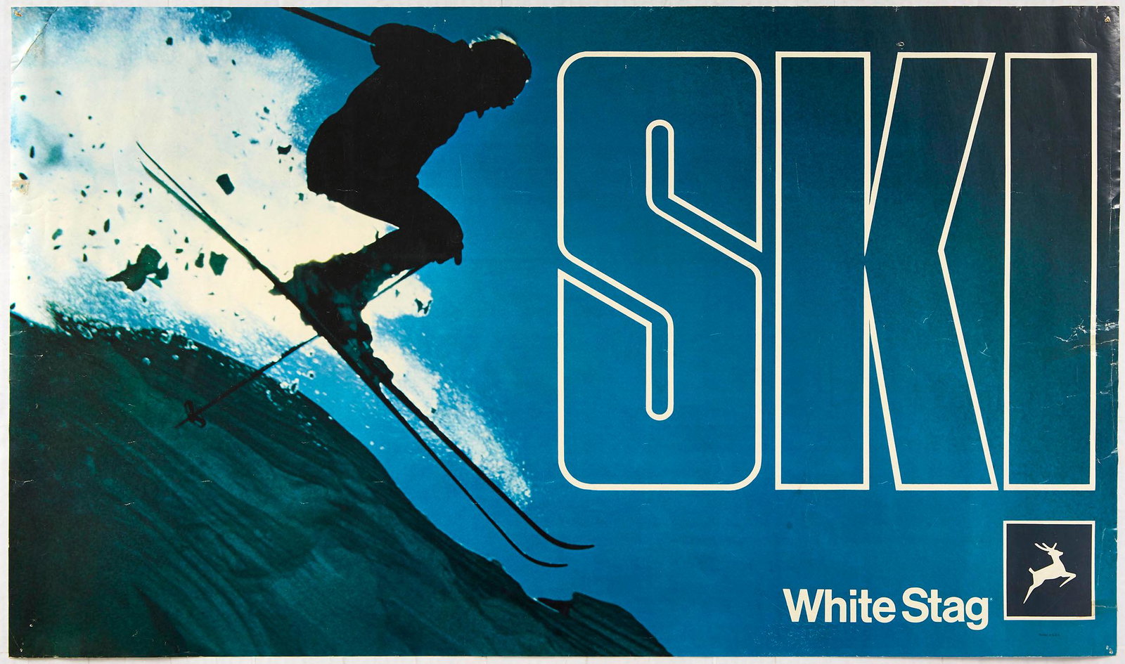 Original Sport Poster Ski White Stag Skier: Original vintage advertising poster for ski wear of the US company White Stage. Photo features a skier jumping off a snowy cliff. White Stag is an in-store brand of women's clothing and accessories so