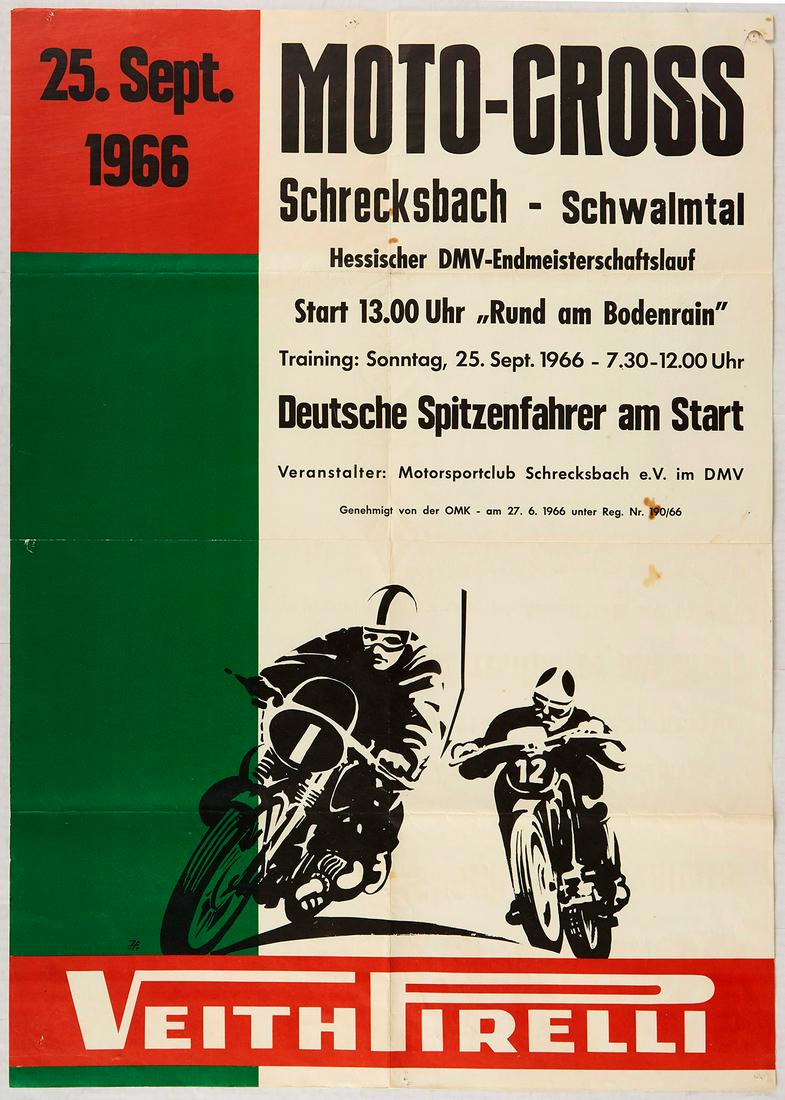 Original Sport Poster Motocross Veith Pirelli: Original vintage sports poster for motorcycle racing event - Moto Cross on 25 September 1966 at Schrecksbach motocross track in Germany. The track is still in operation, this event was sponsored by Pi