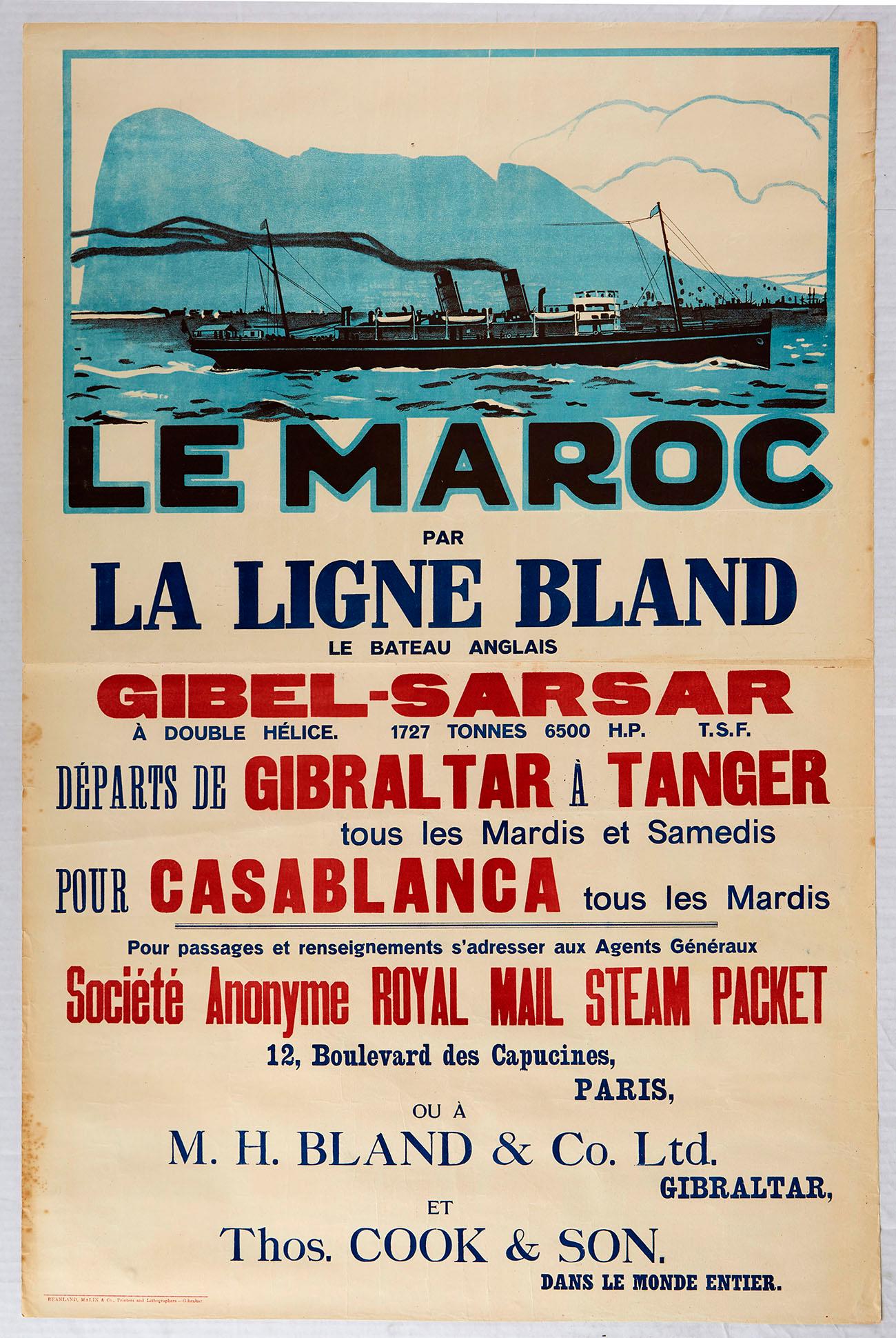 Original Travel Poster Morocco Bland Line Ferry Ships: Original vintage travel advertising poster for Morocco - Le Maroc par La Ligne Bland Gibel-Sarsar departs Gibralter a Tanger tous les Mardis et Samedis pour Casablanca tous les Mardis / departing Gibr