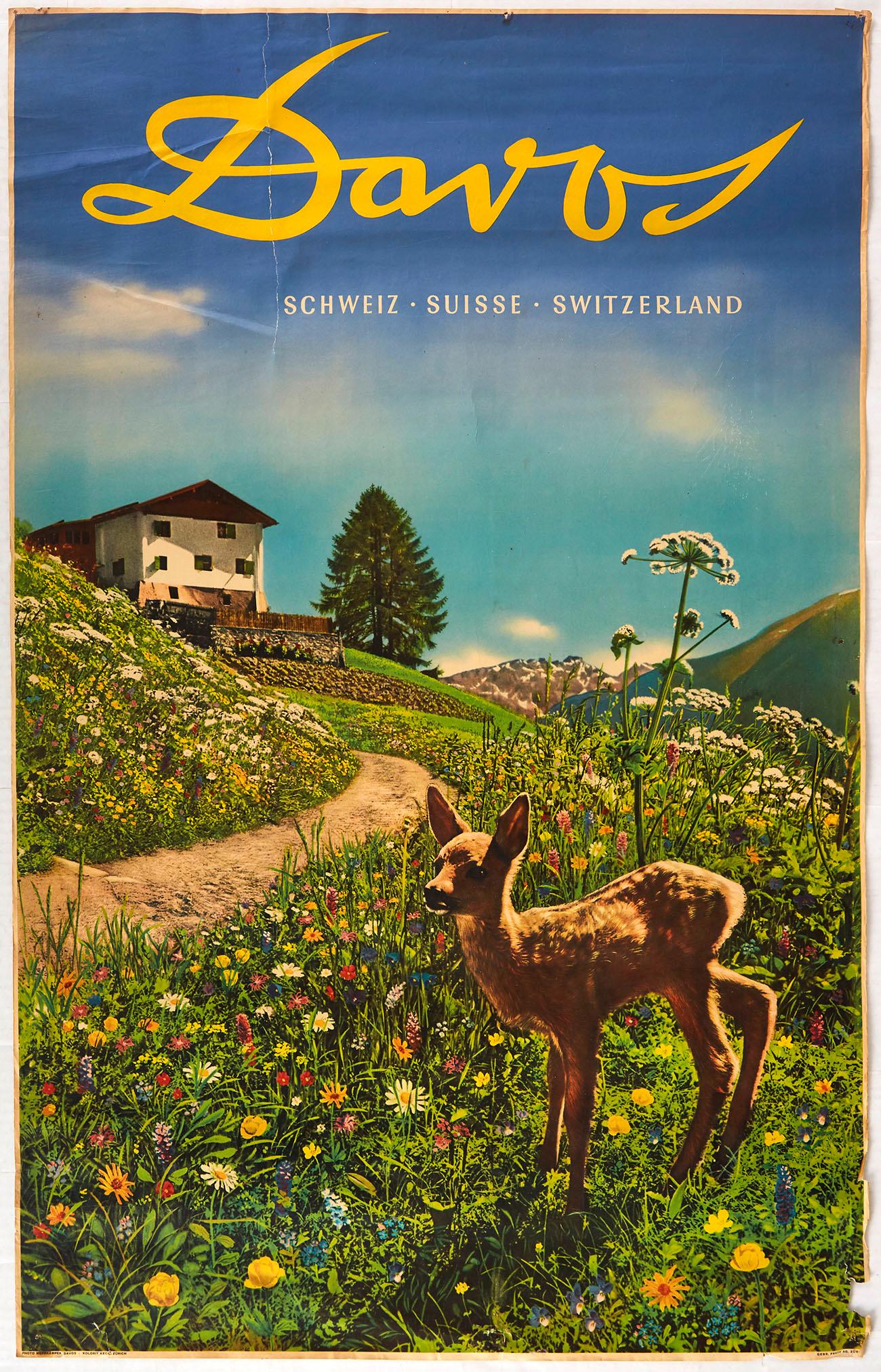 Original Travel Poster Davos Switzerland Deer Mountains: Original vintage travel advertising poster promoting Davos. Photo of a small deer in a green field by the road with chalet and mountains in the background. Davos is an Alpine town, and a municipality