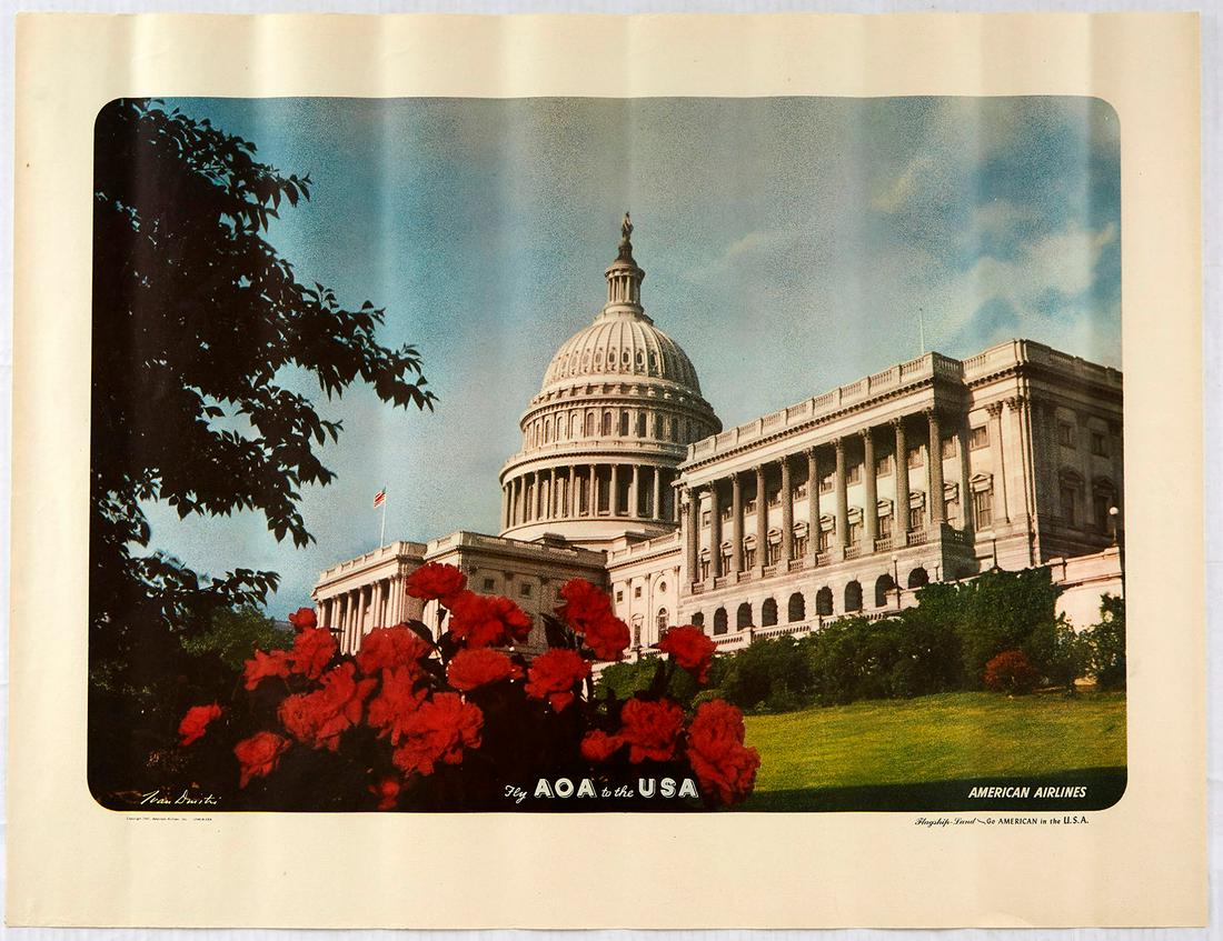 Original Travel Poster AOA USA American Airlines Ivan: Original vintage travel poster issued by the American Airlines - Fly American Overseas Airline to the USA. American Overseas Airlines (AOA) was an airline that operated between the United States and E