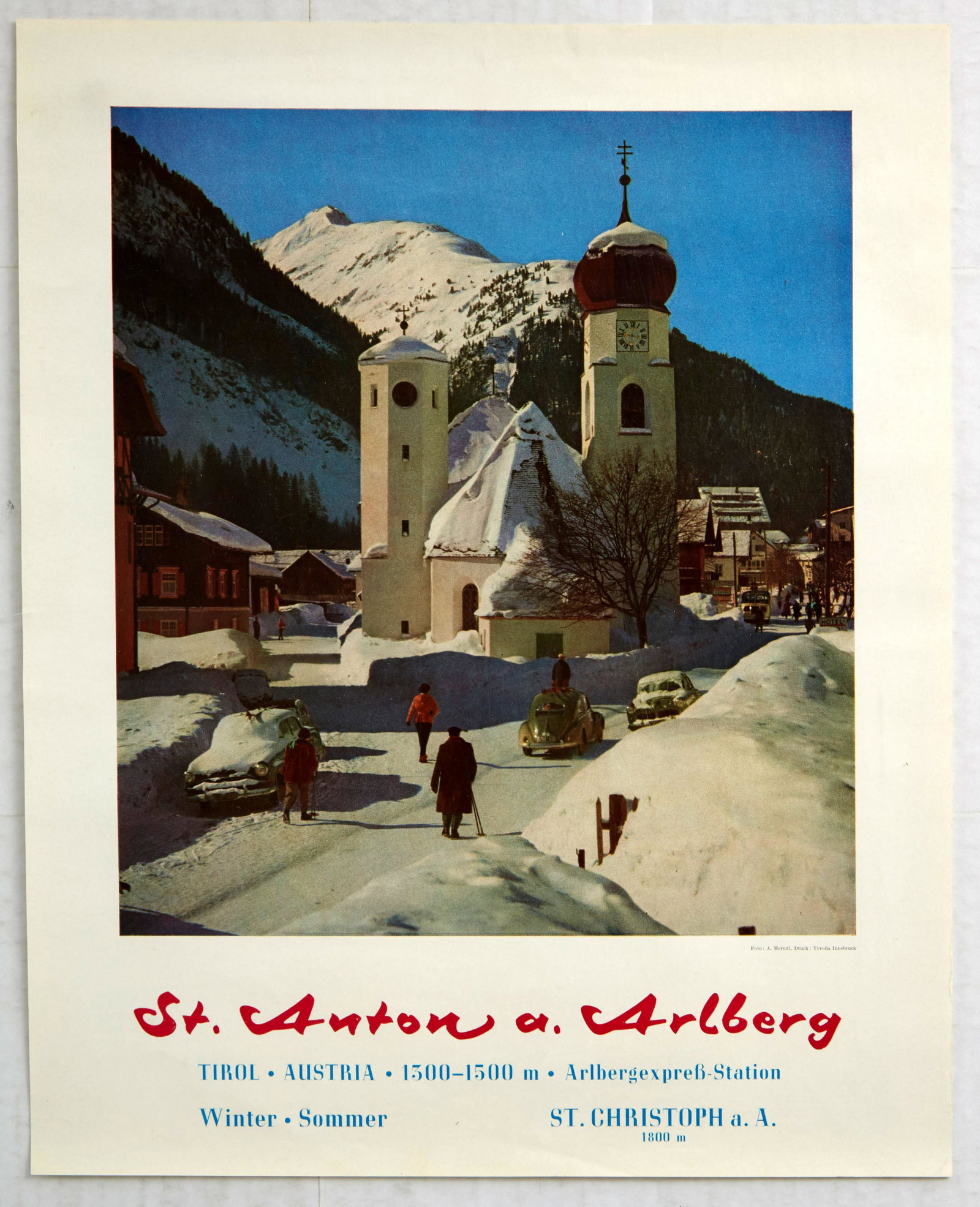 Original Travel Poster Austria St Anton am Arlberg Alps: Original vintage travel advertising poster for St. Anton am Alberg, a village and ski resort in the Austrian state of Tyrol. It lies in the Tyrolean Alps and serves as a popular summer resort among hi