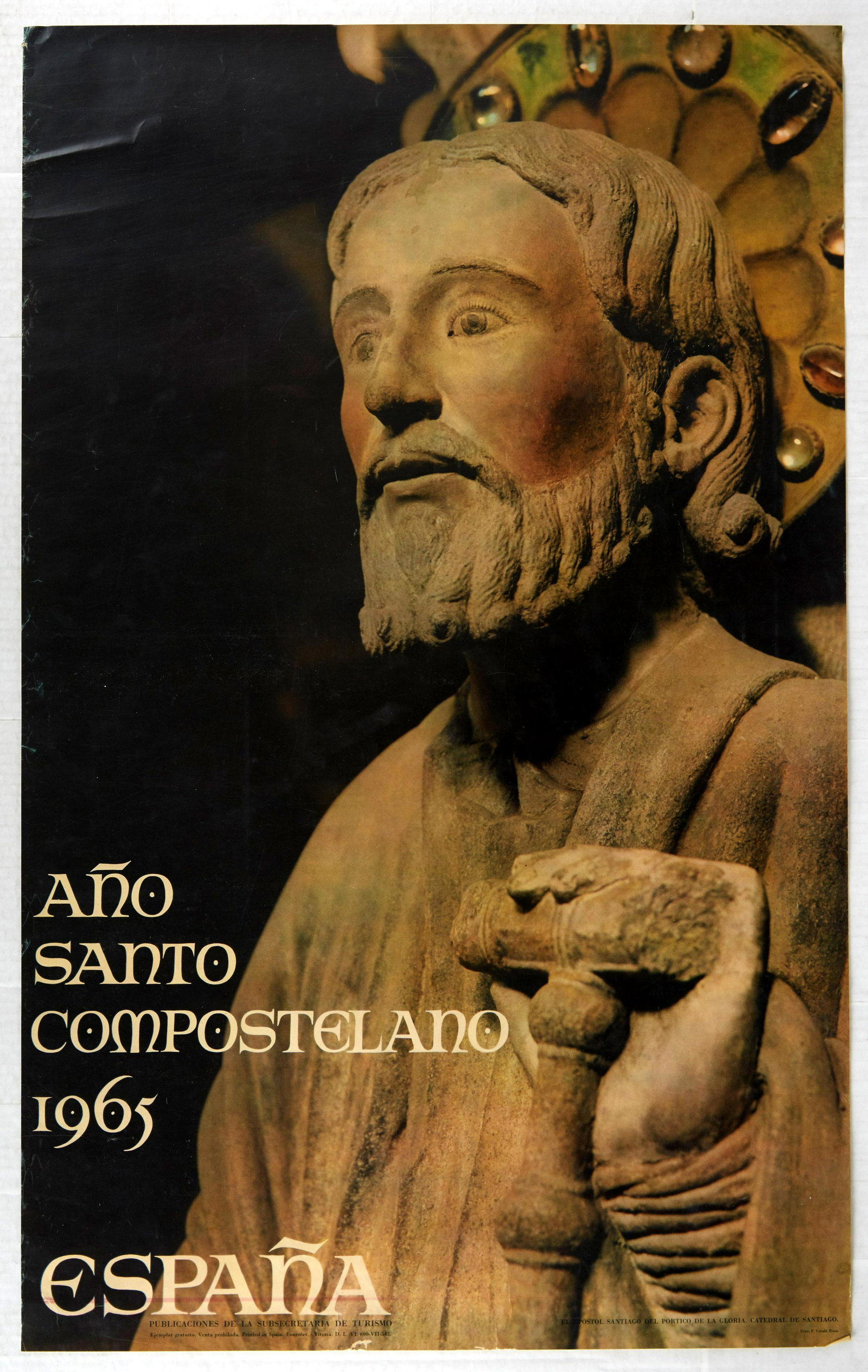 Original Travel Poster Ano Santo Compostelano 1965: Original vintage travel advertising poster for Spain, titled "Ano Santo Compostelano 1965", translated as "The Holy Year of (Santiago de) Compostela 1965", and published by the Undersecretary of Touri