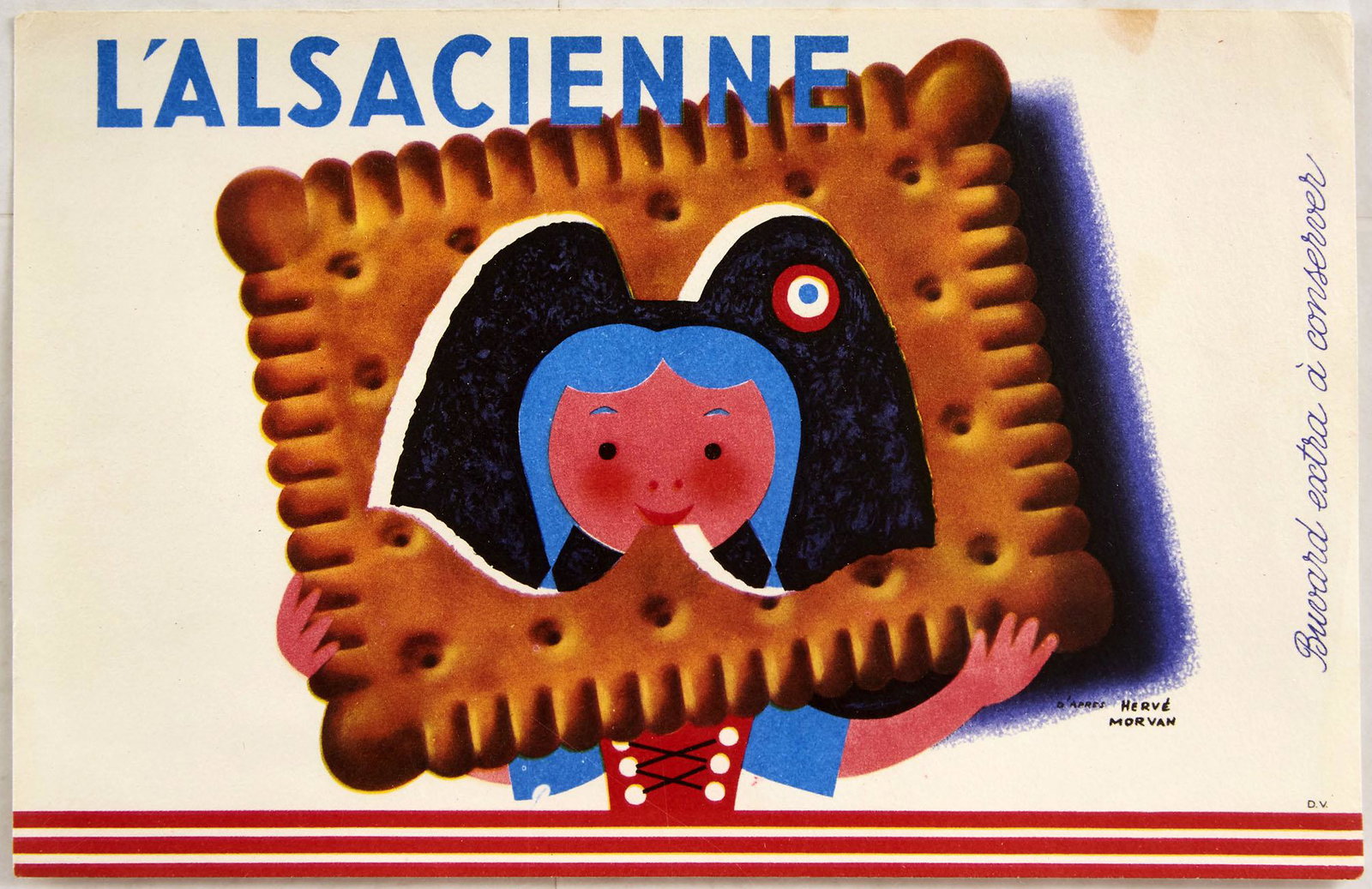 Original Advertising Set Alsacienne Amora Mustard: Group of 4 original vintage French product advertising small posters. 1. L'Alsacienne Biscuits poster designed by Herve Morvan for this French manufacturer. Good condition, staining. Size (cm): 13.5x2