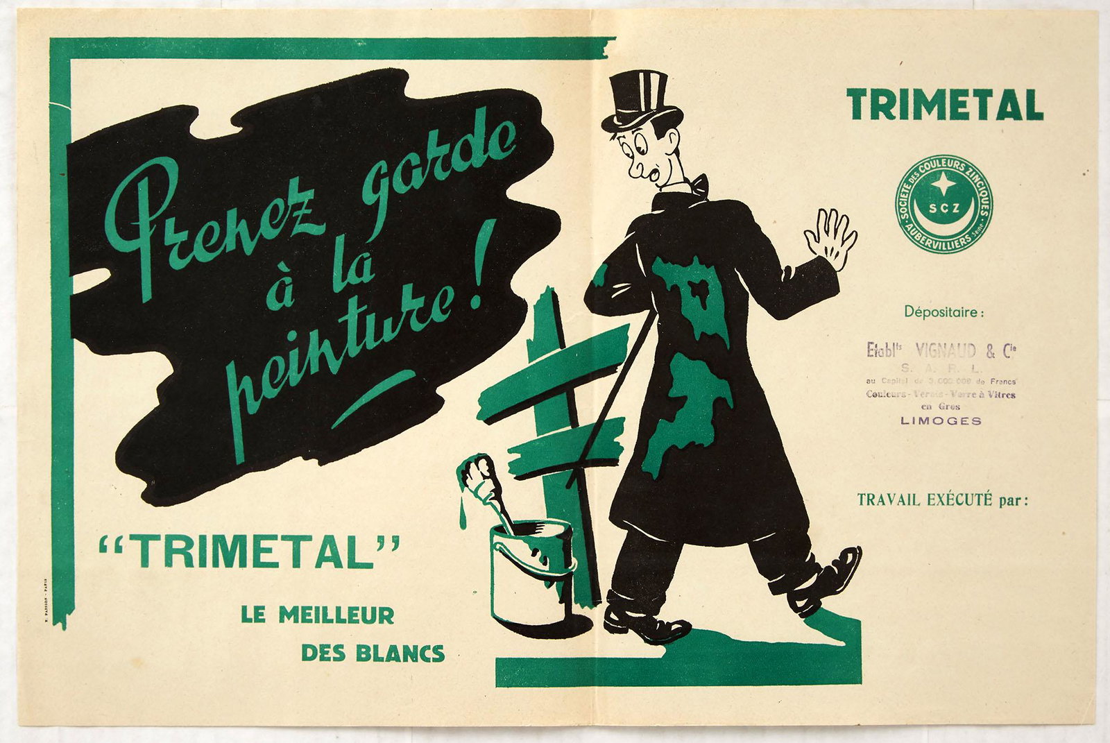 Original Advertising Poster Fresh Paint Trimetal: Original vintage warning sign poster featuring the bold stylised green lettering against a black background - Prenez Garde a la Peinture! Beware of the Paint! - with a smartly dressed man in a suit, b