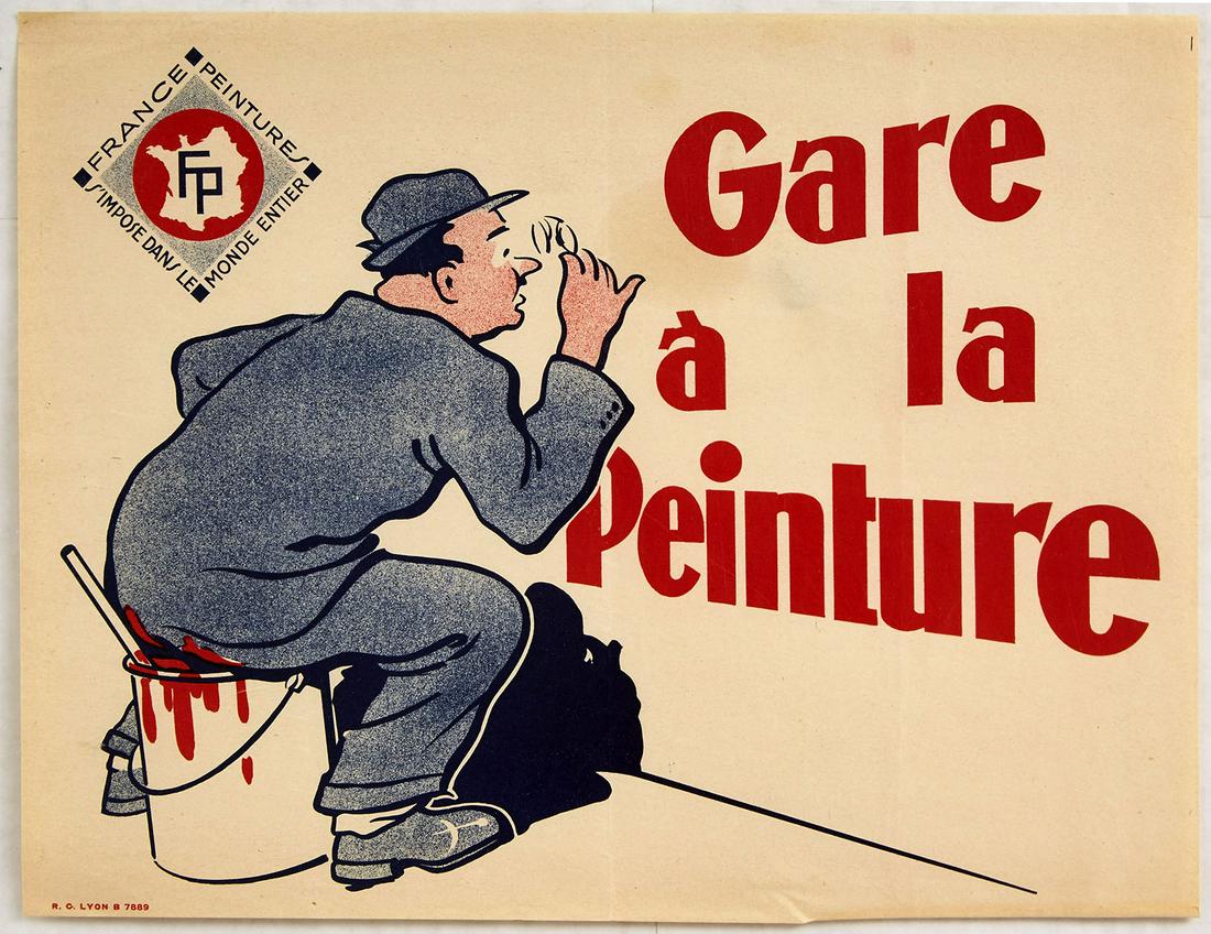 Original Advertising Poster Fresh Paint Gare a la: Original vintage warning notice poster featuring a great design depicting a man holding up glasses to read the bold red warning text on a wall - Gare a la Peinture - while sitting on a paint pot dripp