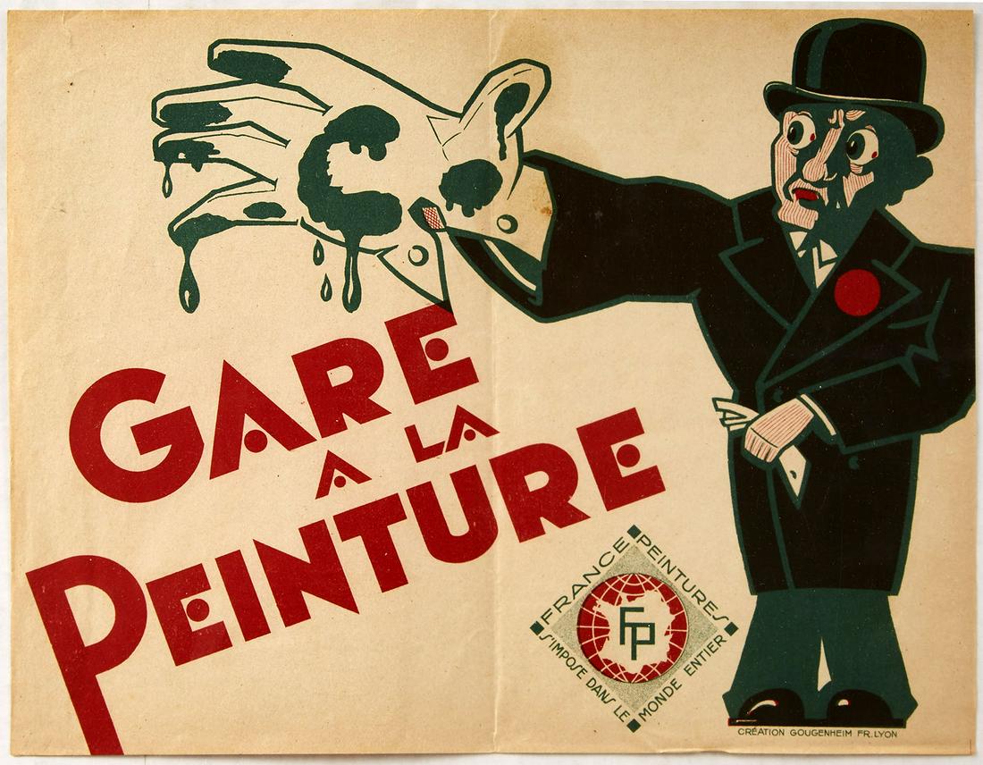 Original Advertising Poster Fresh Paint Gare a la: Original vintage warning poster featuring a great design depicting a smartly dressed man holding out a gloved hand dripping with paint over the bold red Art Deco style lettering - Gare a la Peinture -
