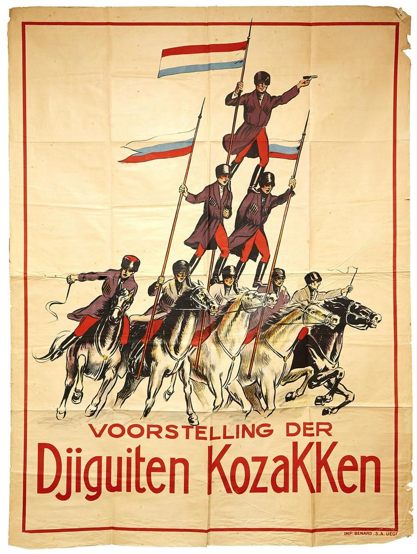 Original Advertising Poster Jigit Cossacks Circus Show: Original vintage advertising poster for an equestrian circus show Voorstelling der Djiguiten Kozakken / Show of the Jigit Cossacks featuring a great illustration of five performers on horseback proppi