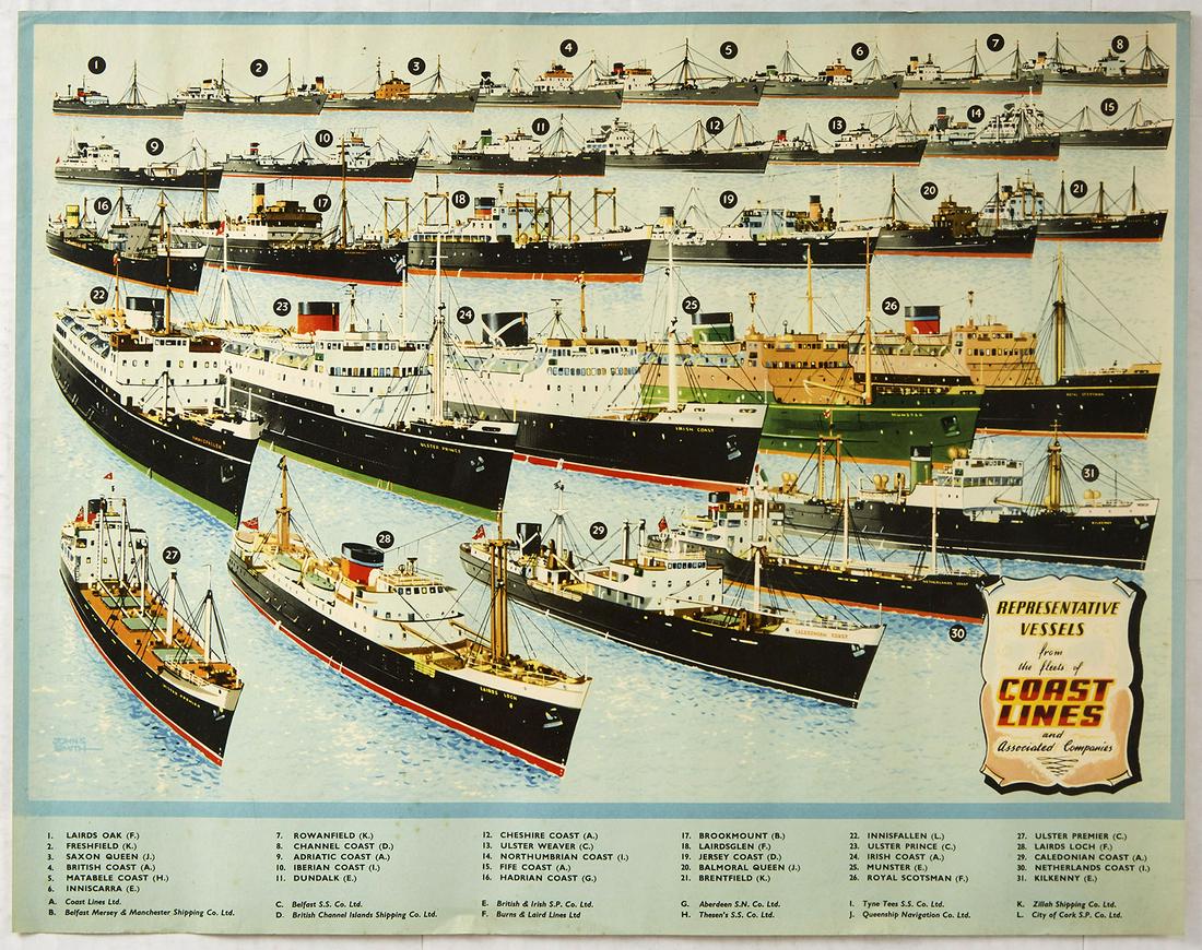 Original Advertising Poster Representative Vessels from: Original vintage advertising poster depicting Representative Vessels from the Fleets of Coast Lines and Associated Companies - Each boat is numbered and paired with its name and number below including