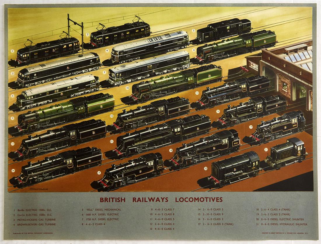 Original Advertising Poster British Railways: Original vintage railway poster featuring illustrations of British Railways Locomotives - Each train is numbered and paired with its name and number below including Bo-Bo Electric 1500v D.C, Co-Co Ele